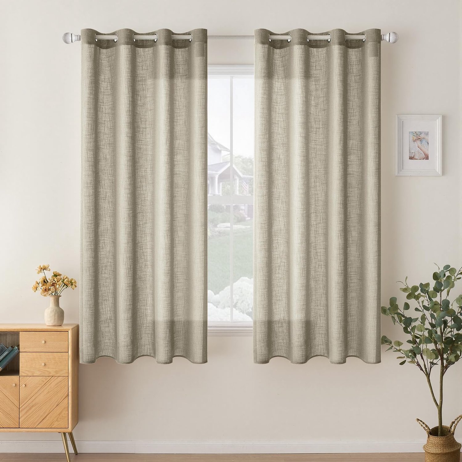 Set van 2 Transparante Linnen Gordijnen met Oogjes - 140x145 cm Oatmeal Kleur