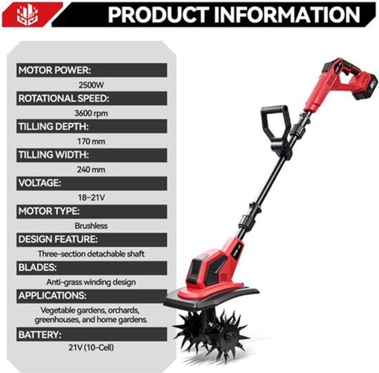 Elektrische Bodemfrees Draadloos - 2500 W Vermogen - 24 cm Werkbreedte - 17 cm Freesdiepte - Handheld Tuinfrees