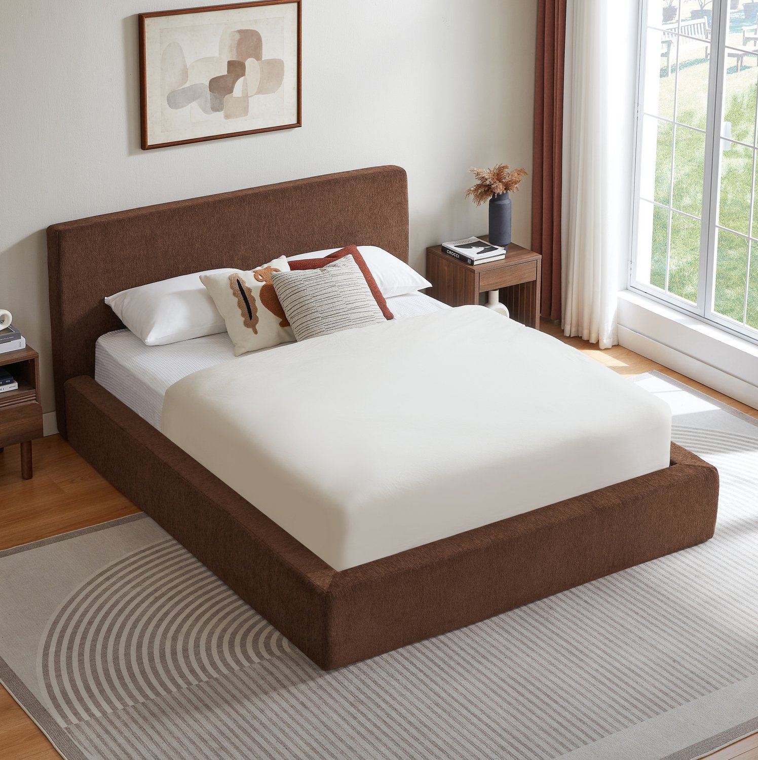 MODFU Bedframe - Gestoffeerd Hoofdbord - Versterkt Stalen Frame - Bruin - 140 x 200 cm
