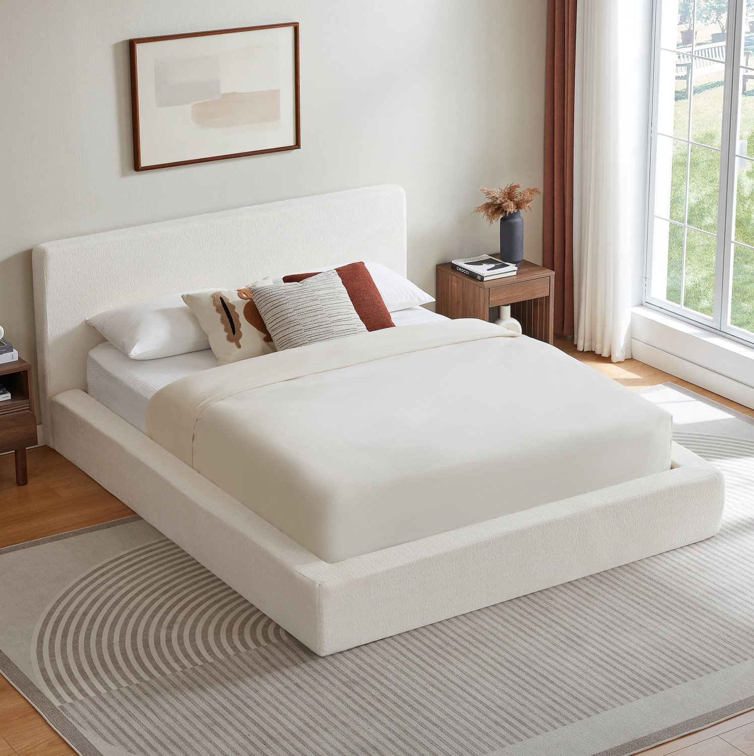 MODFU Bedframe - Gestoffeerd Hoofdbord - Versterkt Stalen Frame - Crèmewit - 160 x 200 cm