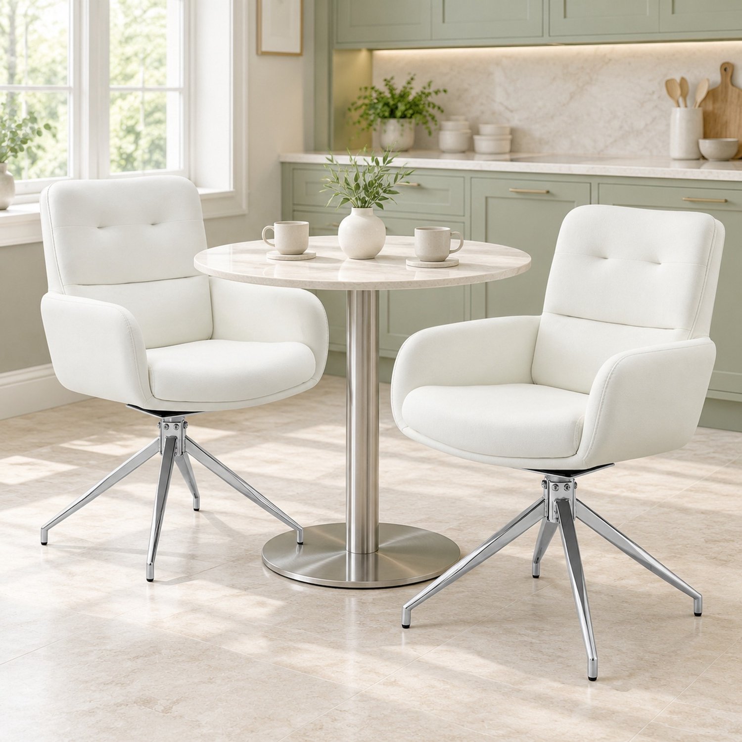 MODFU - Eetkamerstoelen Set Van 2 - 360° Draaibaar - Met Armleuningen - Kunstleer - Wit En Zilver