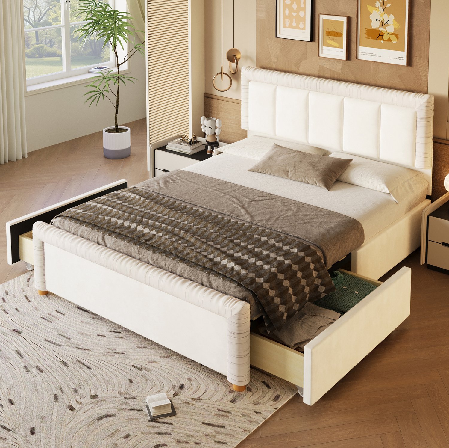 MIVRAY Gestoffeerd Bed 140x200cm - Fluwelen Bed met Twee Lades - Opbergruimte voor Slaapkamer - Zonder Matras - Stof en Hout - Beige