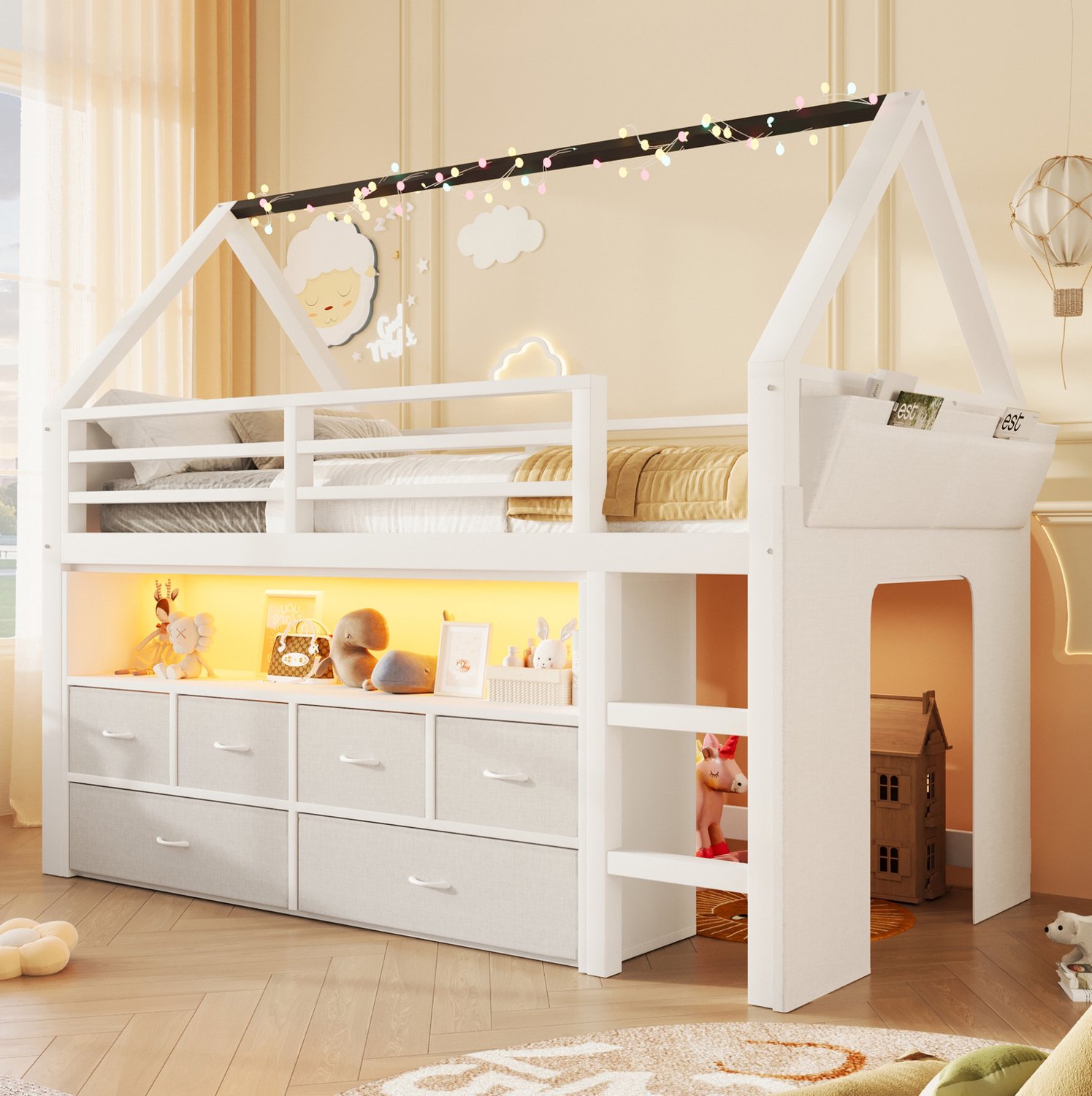 MIVRAY Hoogslaper 90x200 cm - Huisbed met Lichtslinger - 6 Stoffen Laden en Zijgordijn - Slapen en Spelen in de Kinderkamer - MDF en Hout - Wit