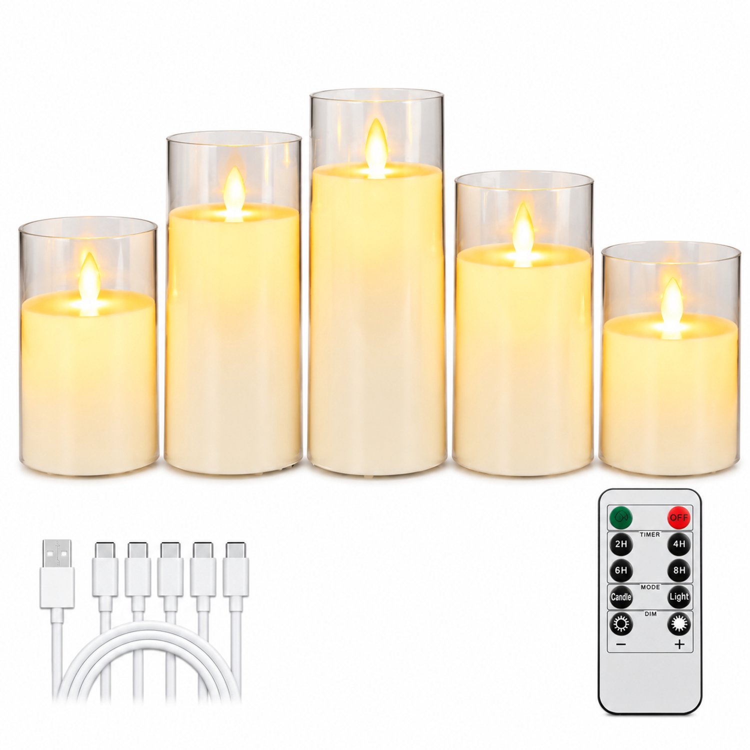 SWGOTA elektronische kaarsen, oplaadbare set van 5 met bewegende vlam en afstandsbediening, transparante cilindrische kap, diameter 7,5 cm, hoogten 10/12,5/15/17,5/20 cm Crème