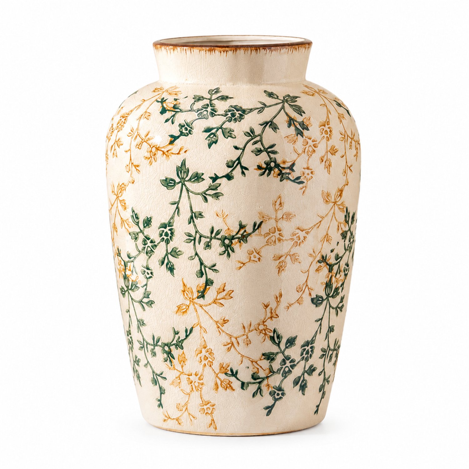 SWGOTA Grote keramische vaas met bloemmotief en craquelé, 26 cm hoog, potvormig, voor kunstbloemen in woonkamer en hal Crème