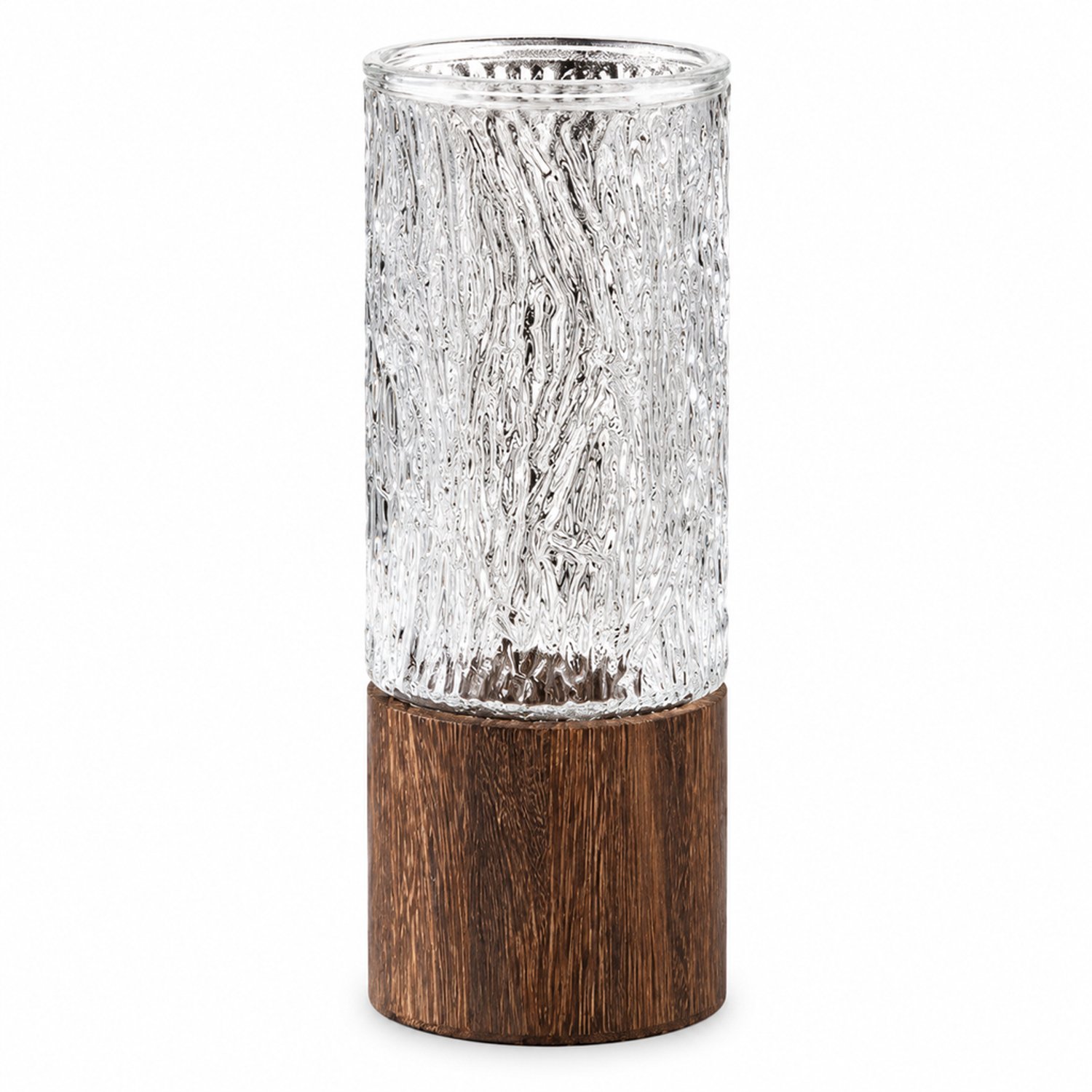 SWGOTA Transparante glazen vaas met ijsstructuur en houten voet - 25 cm hoog, 10 cm breed - voor verse bloemen en tafeldecoratie
