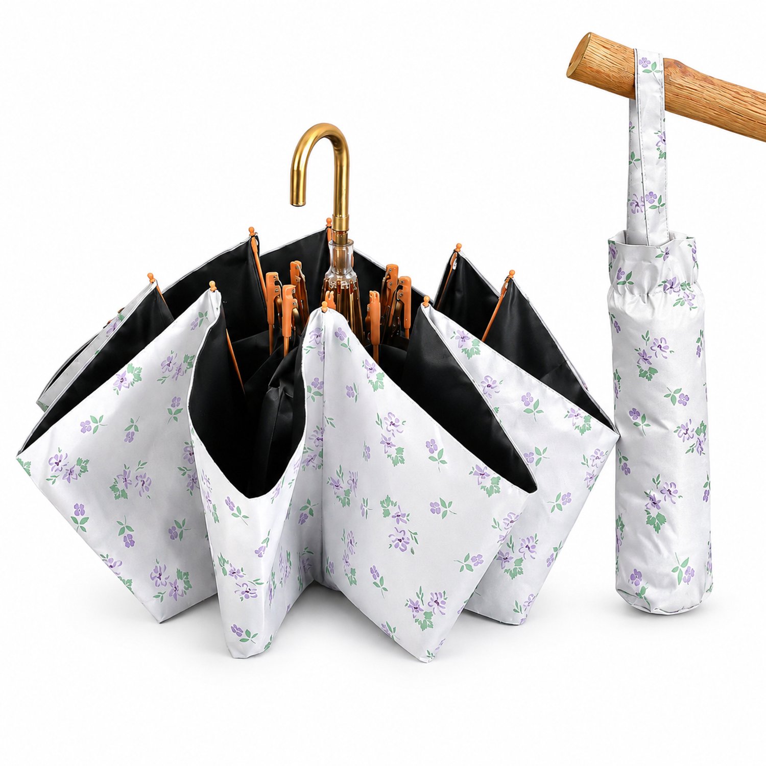 Paraplu voor zon en regen, wit met paarse bloemen, UPF >50, goudkleurig haakhandvat, handmatig sluiten