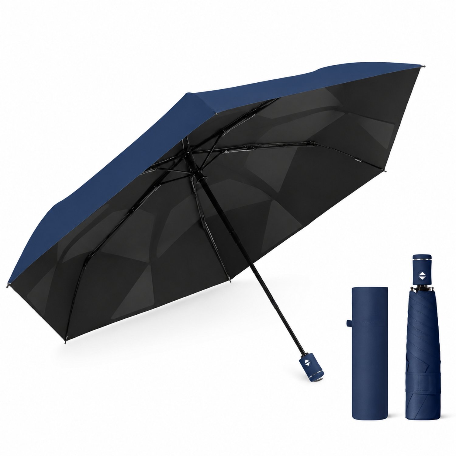 Automatische opvouwbare paraplu met 6 baleinen, marineblauw, zwarte coating, rubberen handgreep en bijpassende hoes