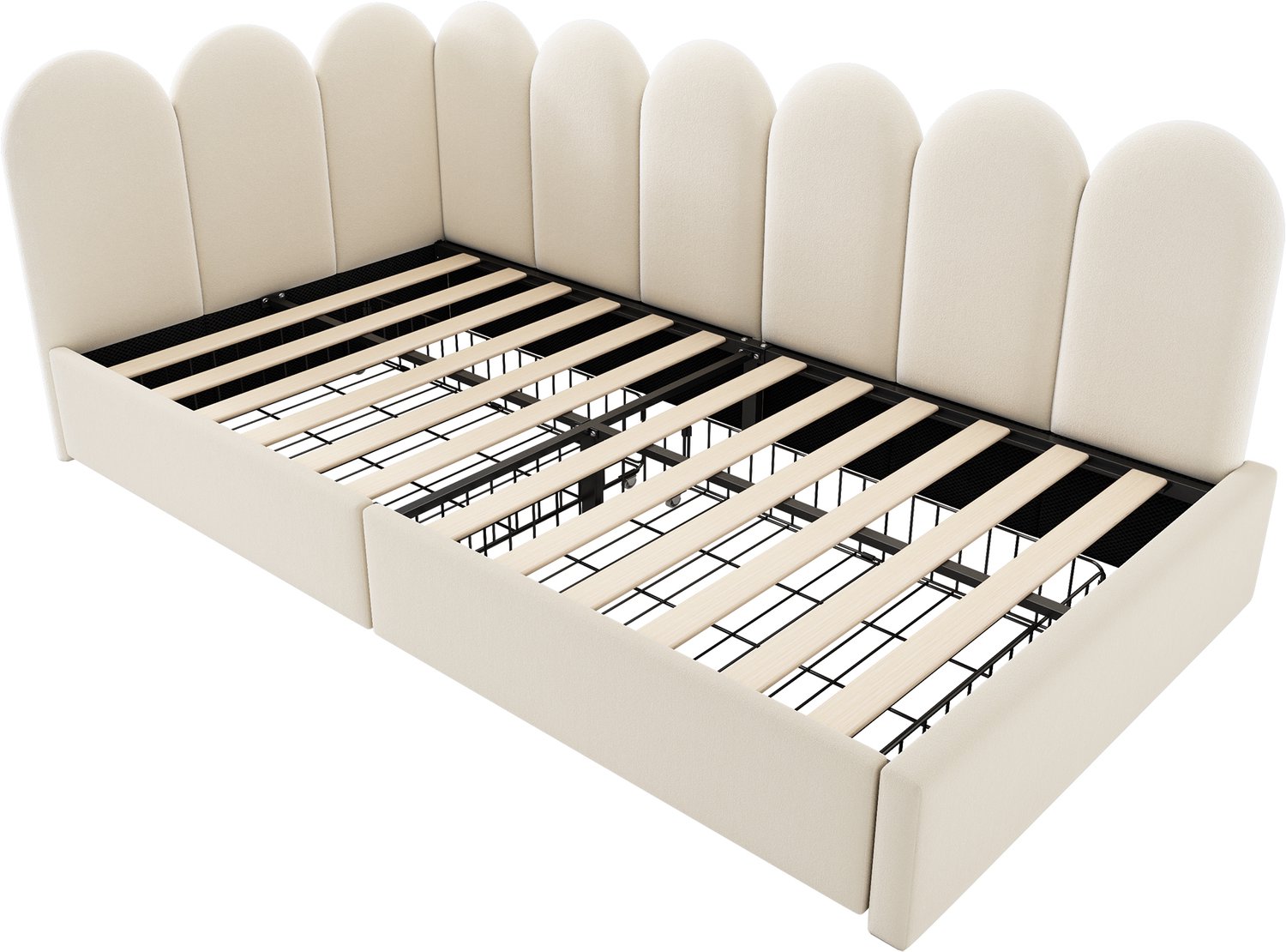 MUVANO Eenpersoonsbed 90x190 cm met opberglades - Bedbank met lattenbodem - L-vormig, fluwelen bekleding - Zonder matras - Voor logeerkamer - Beige