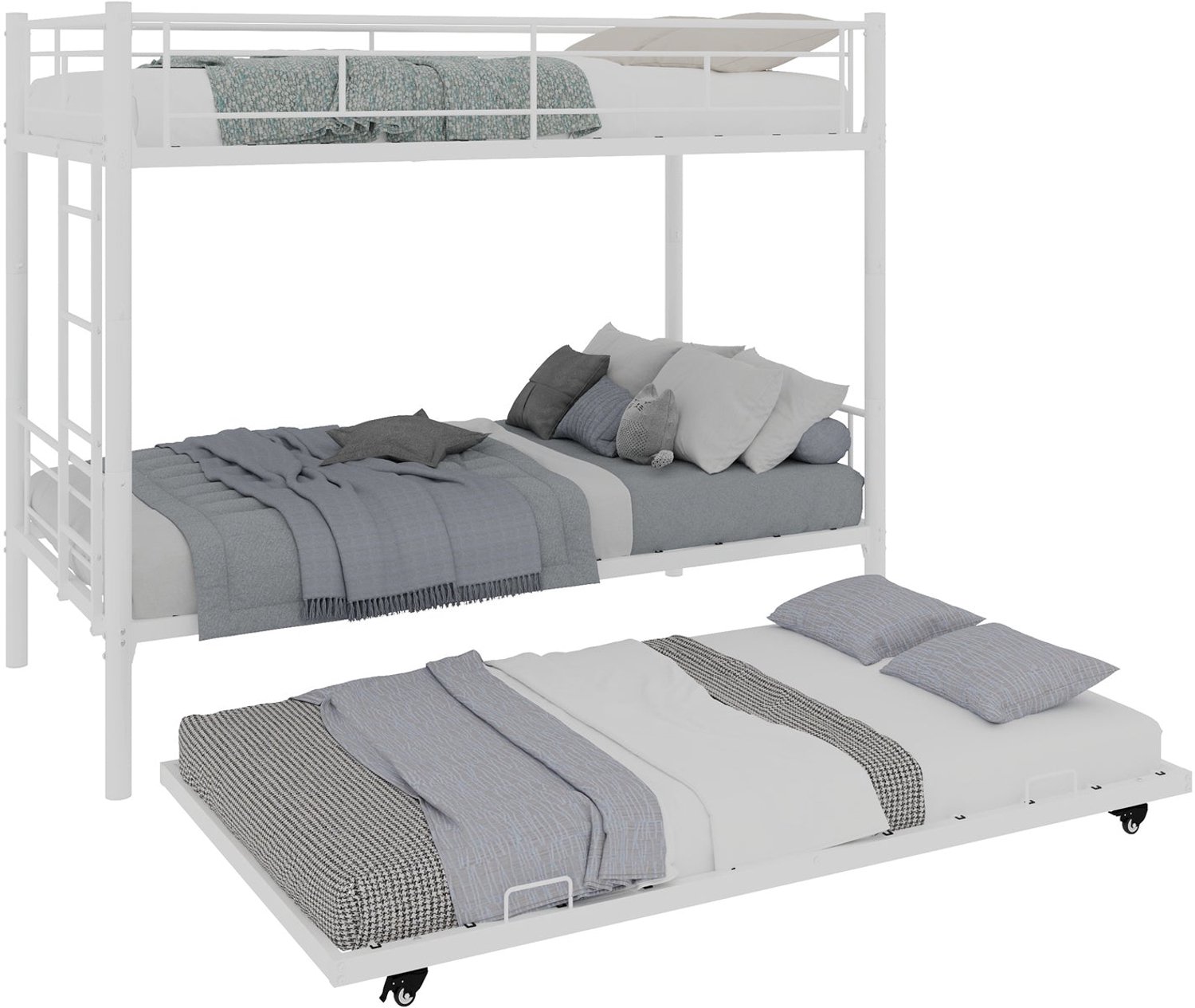 Merax Metalen Stapelbed Voor Kinderen 90 x 190 cm - 3 Slaapplaatsen - Uitschuifbaar Logeerbed - Ladder - Veiligheidsranden - Wit