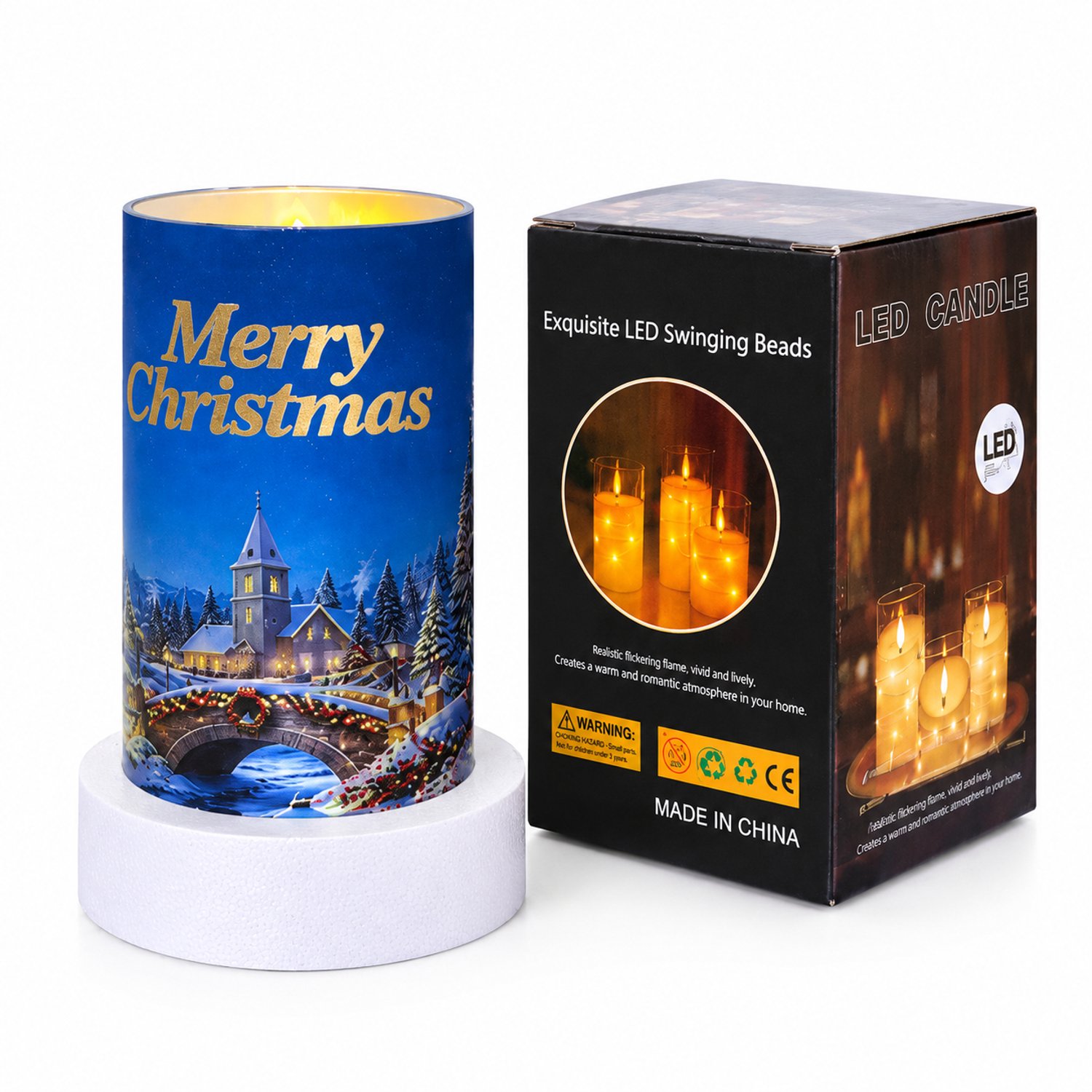 SWGOTA led kaarsen voor Kerst - 1 stuk, 7,5 x 12,5 cm, blauw met winterdorp, zonder batterijen, in doos