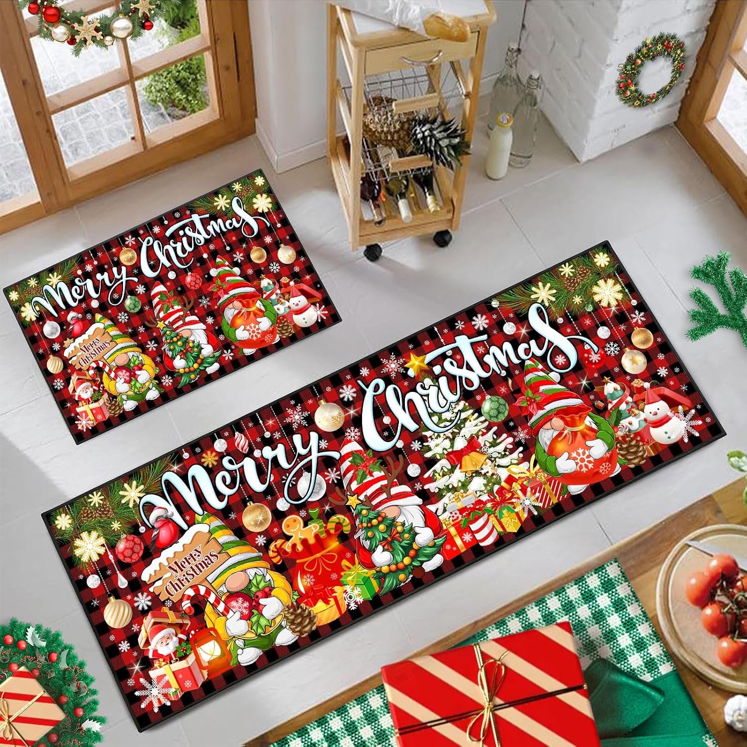YAGXIG Kersttapijt - Vrolijk kerstkeukentapijt en mat 2-delige set - Decoratieve keukenvloermat - Wasbaar - Antislip - Gootsteentapijt (40*60+40*120cm) Rood