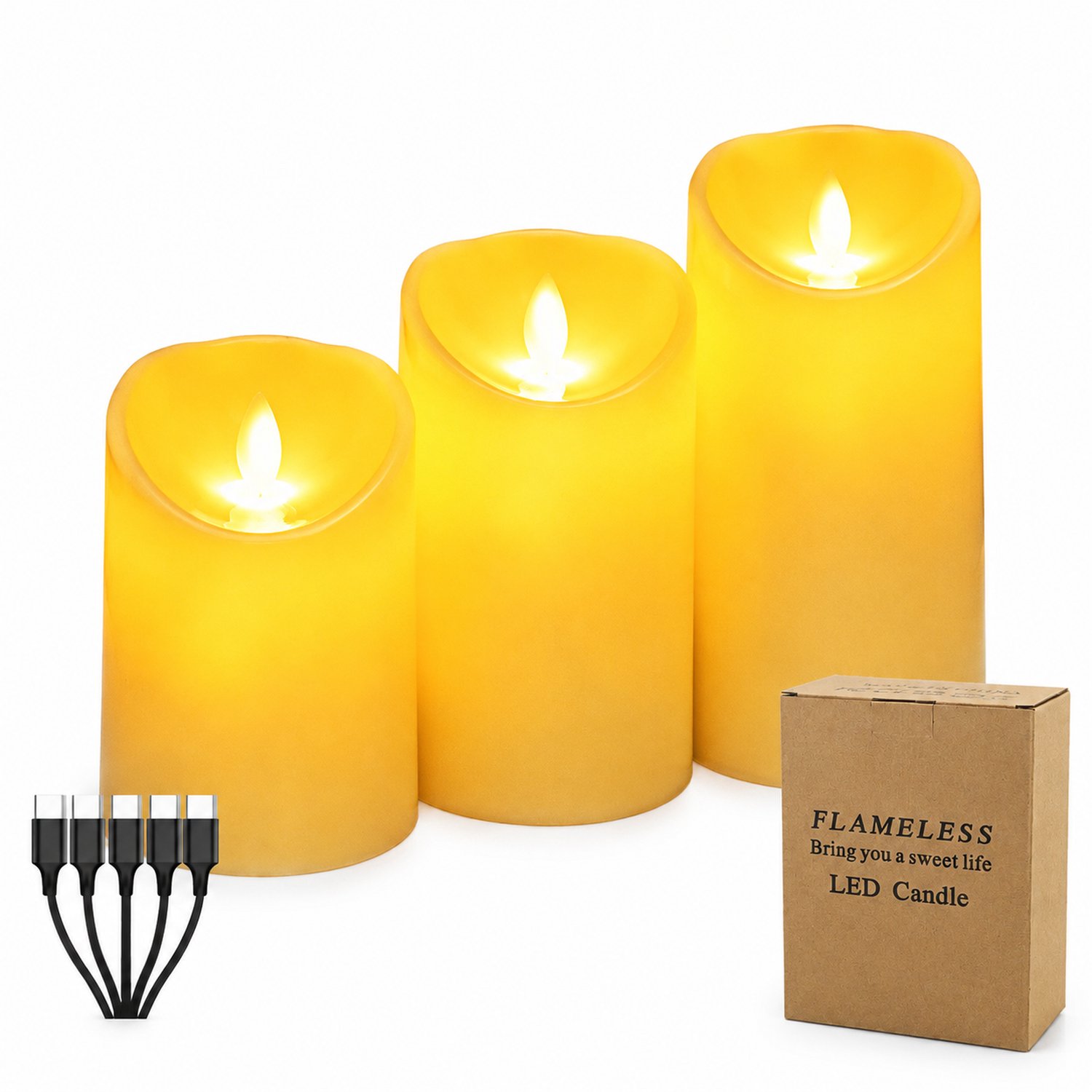 SWGOTA led kaarsen - set van 3, oplaadbaar, Ø 7,5 cm, hoogtes 10/12,5/15 cm, warmgeel licht, met laadkabel, zonder afstandsbediening Ivoorwit