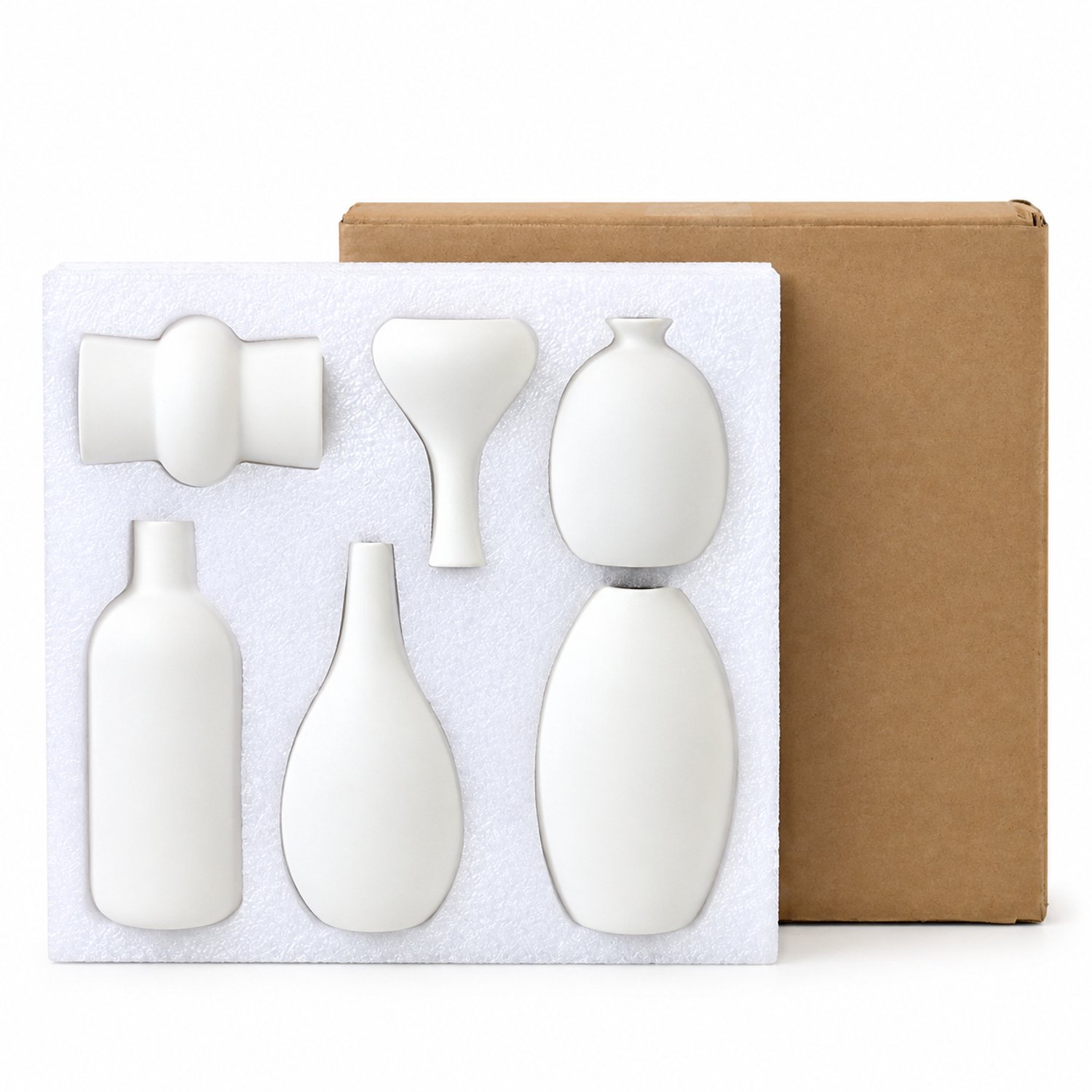 SWGOTA 6-delige witte keramische vazenset, ongeglazuurd, verschillende vormen voor kunstbloemen, met schuimverpakking en binnendoos