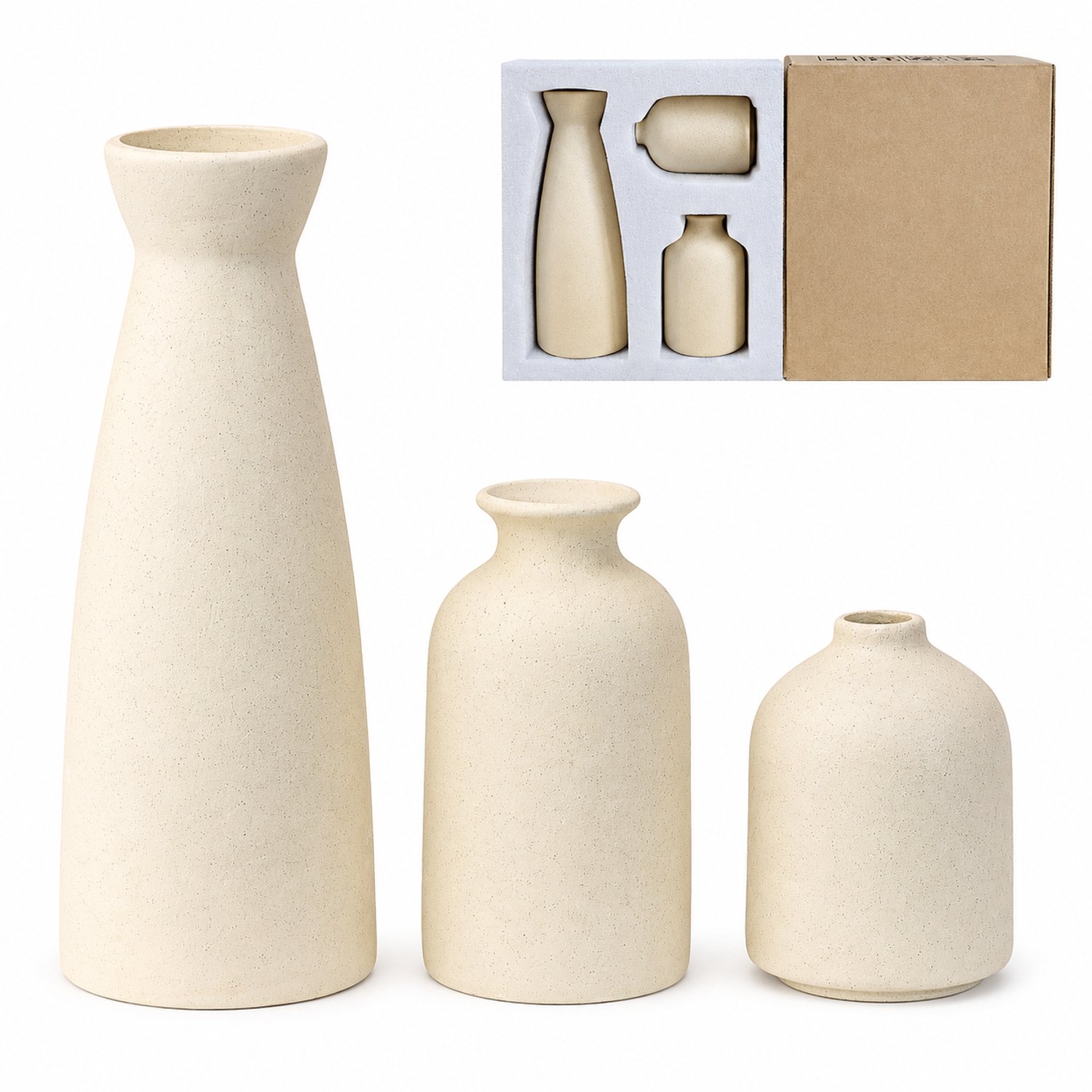 SWGOTA Keramische vazenset van 3 - Beige met zwarte spikkels - Hoogtes 22, 12,5 en 9,5 cm - Voor kunstbloemen - Met schuimvulling en binnendoos