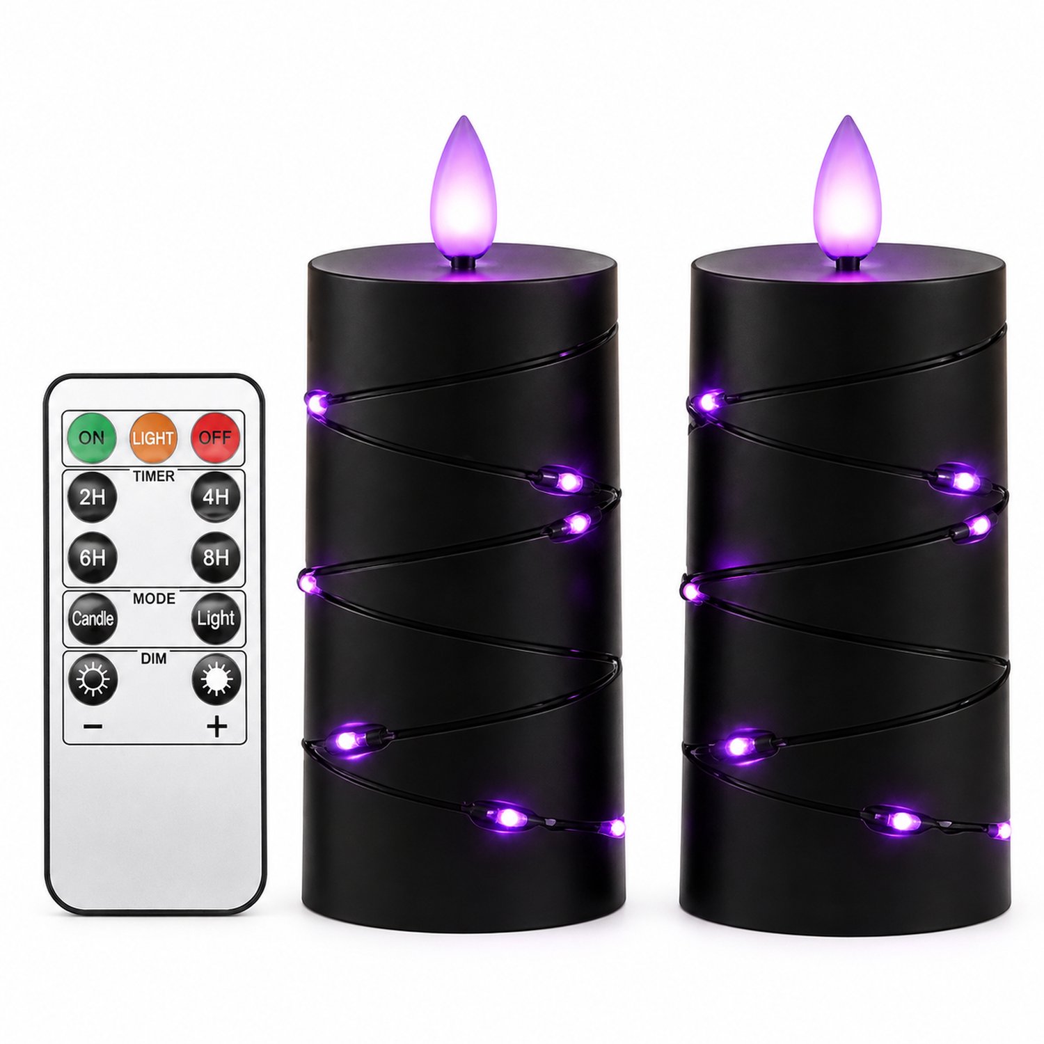 SWGOTA led kaarsen, 2 per doos, zwart met paarse vlamtip en lichtsnoer rond de buitenkant, inclusief afstandsbediening, voor Halloween en bruiloften
