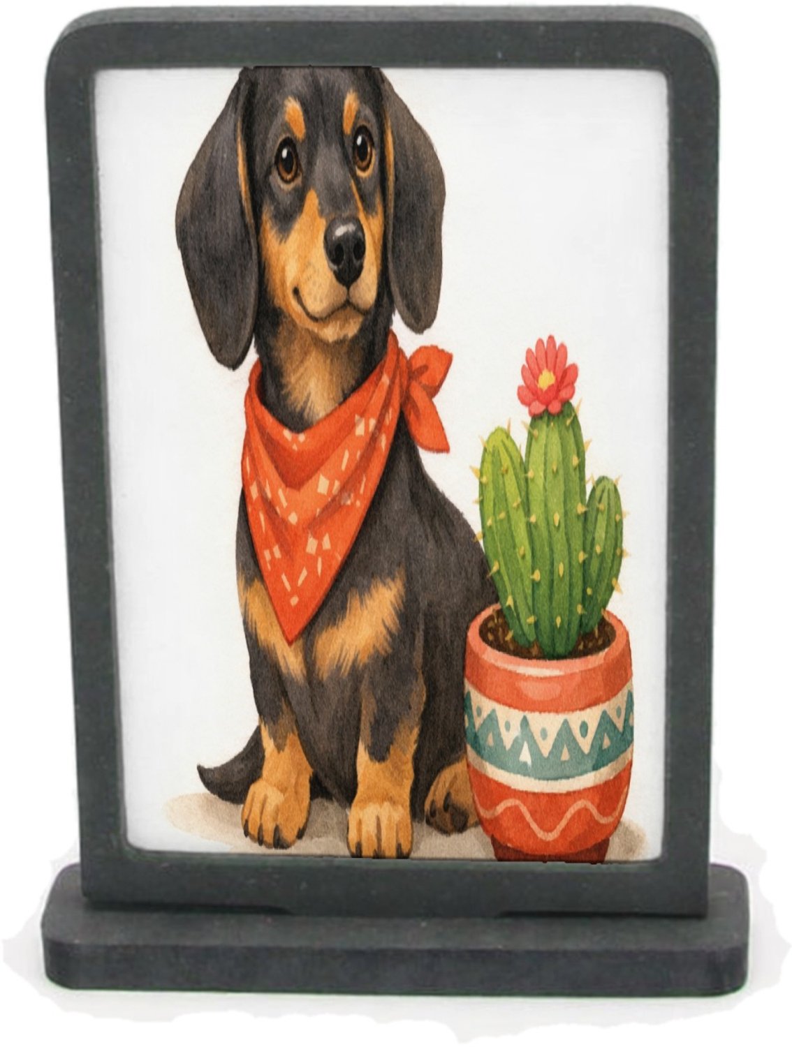 Mr Cadeautjes Houten fotolijst rechthoek met MDF inleg - design Een eigenwijze teckel met een bandana, naast een kleine cact | cadeau Wit
