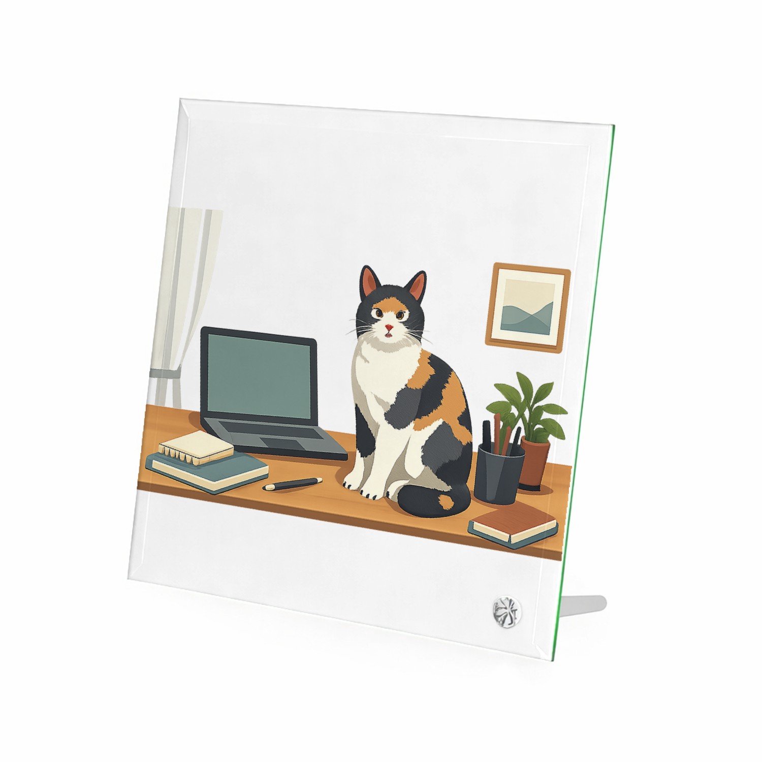 Mr Cadeautjes Glasframe 20 x 20 - design Een eigenzinnige ‘ongewenste coworker’ scène in een rustige | cadeau Wit