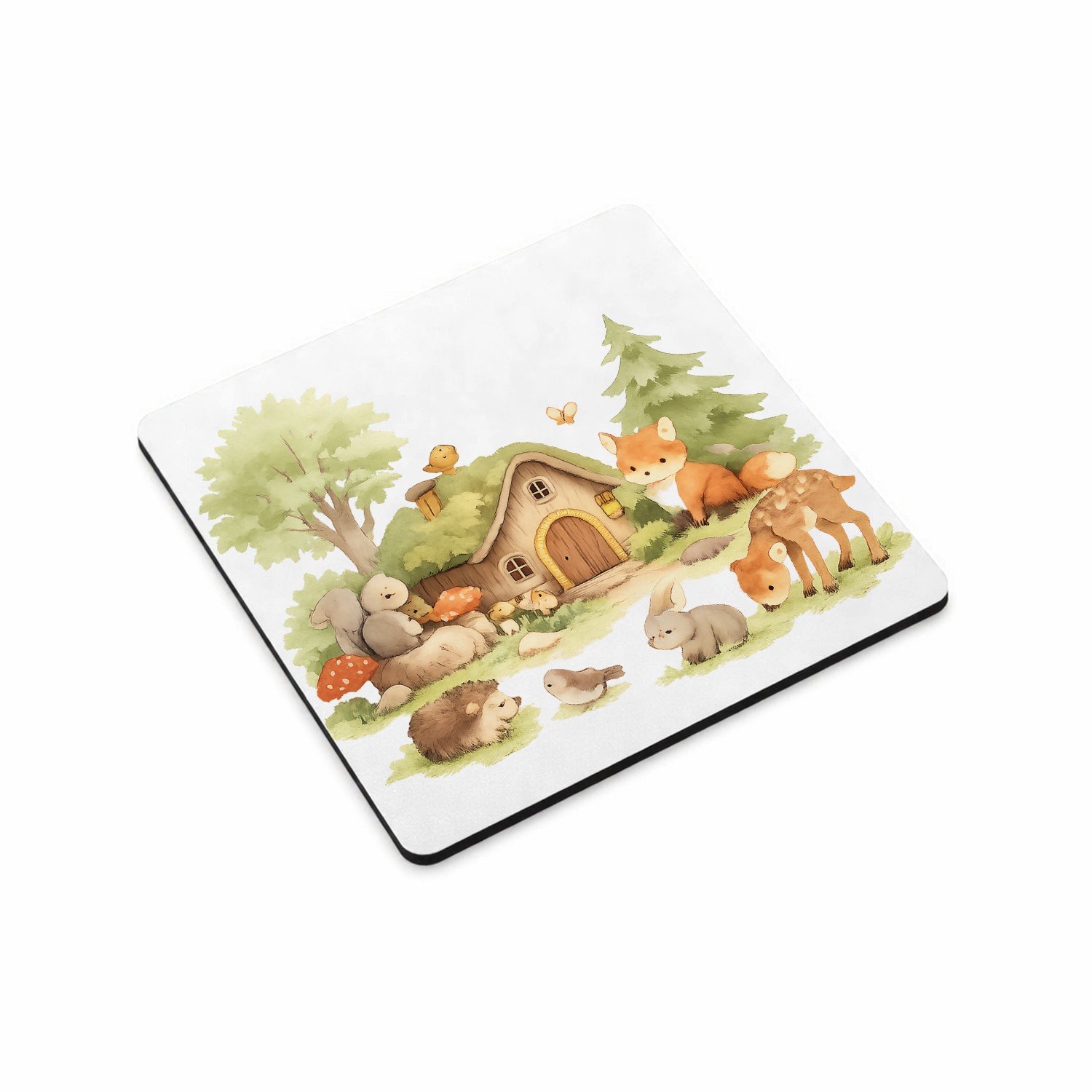 Mr Cadeautjes MDF magnetische fotolijst vierkant 9,5 - design Een bosrijk ochtendtafereel met schattige dieren rond een ho | cadeau Wit