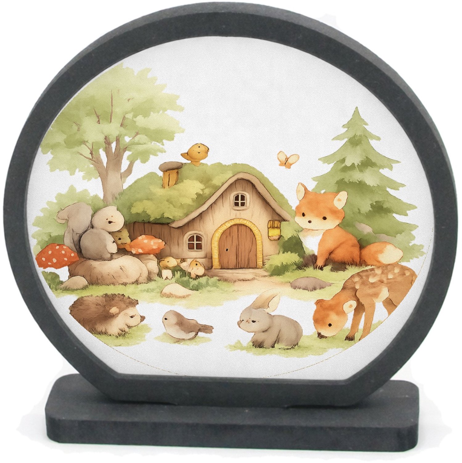 Mr Cadeautjes Houten fotolijst rond met MDF inleg - design Een bosrijk ochtendtafereel met schattige dieren rond een ho | cadeau Wit