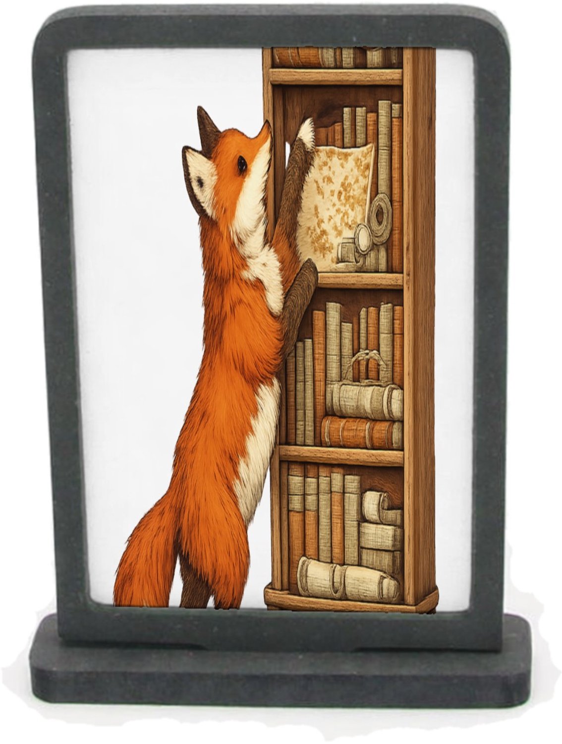 Mr Cadeautjes Houten fotolijst rechthoek met MDF inleg - design Een nieuwsgierige vos die tussen stapels oude kaarten en boe | cadeau Wit