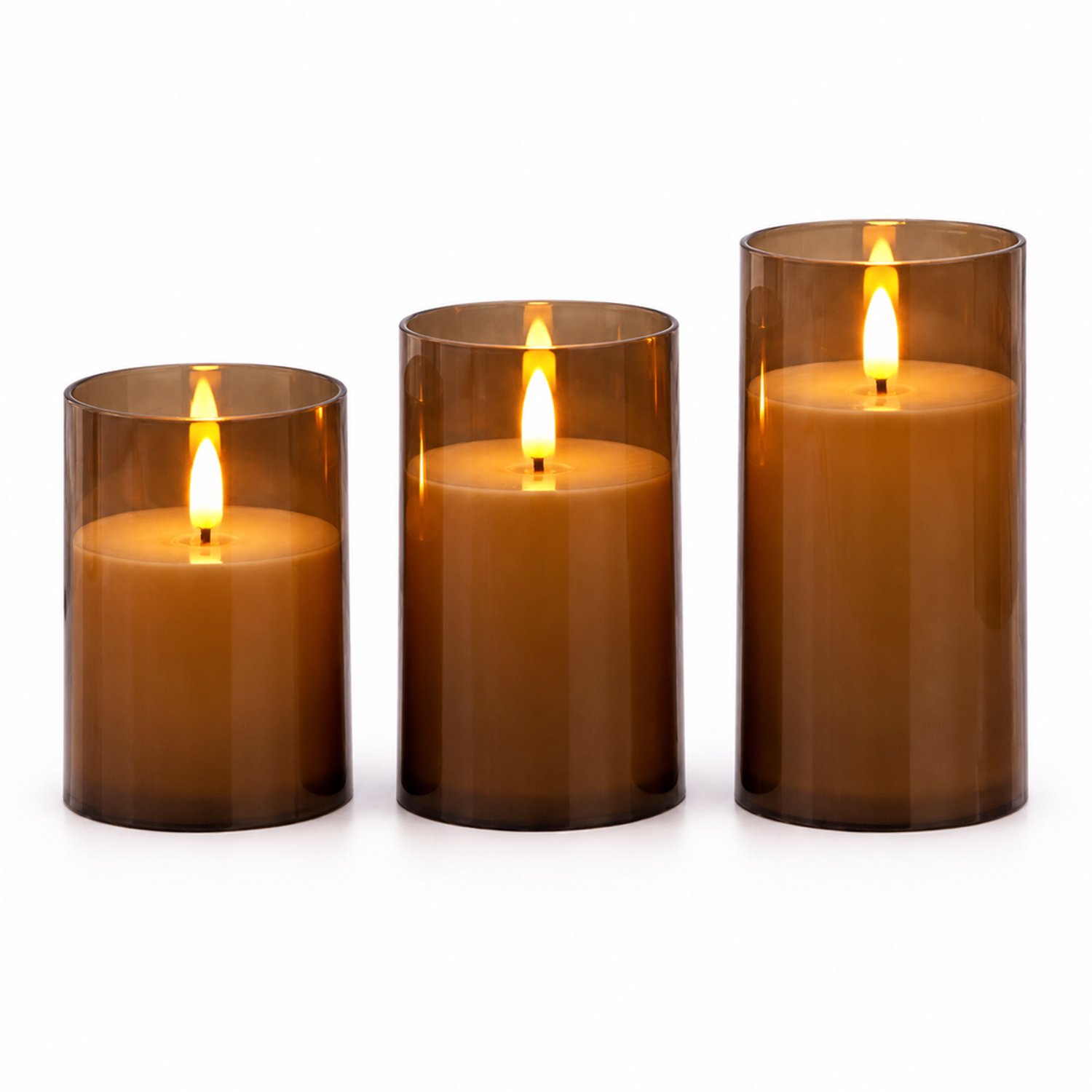 SWGOTA led kaarsen, set van 3, grijs, diameter 7,5 cm, hoogtes 10/12,5/15 cm, met vlakke bovenrand voor bruilofts- en kerstdecoratie