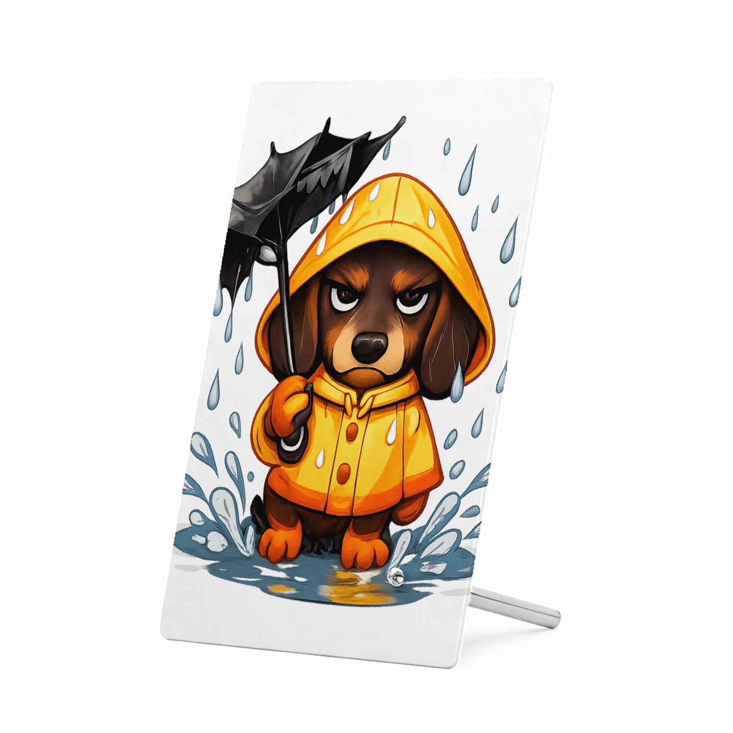 Mr Cadeautjes Glasframe 11 x 16 - design Een chagrijnige teckel in een regenjas met een kapot ogende | cadeau Wit