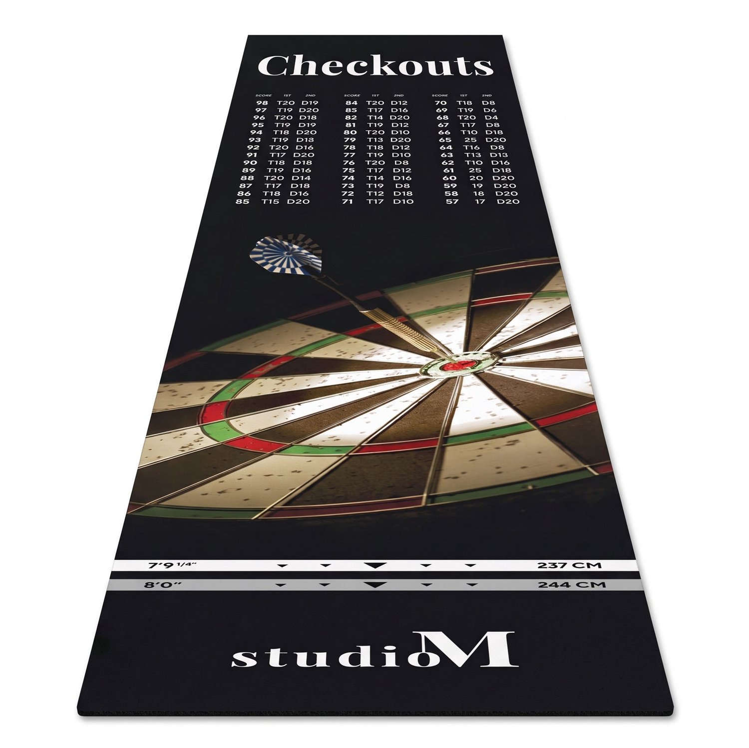 Studio M Dartmat - Zwart - Extra lang en breed - 80 x 285 cm - Inclusief Uitwerpschema - Officiële Afmetingen - Antislip - Dartmat voor onder Dartbord - Cadeautip