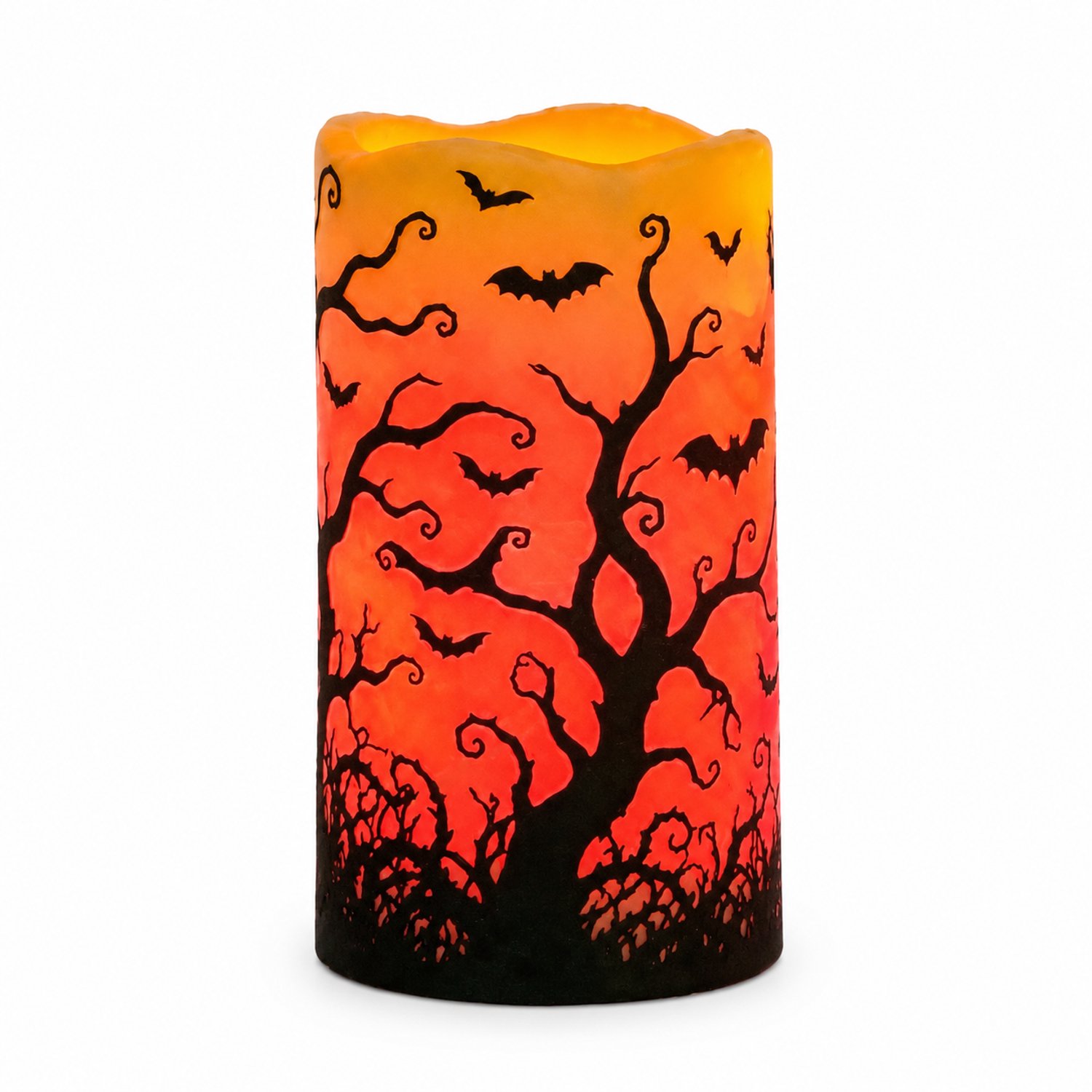 SWGOTA led kaarsen voor Halloween, set van 3, zevenkleurig licht, spookboom- en vleermuismotief, golvende rand, op afstand bedienbaar Zwart