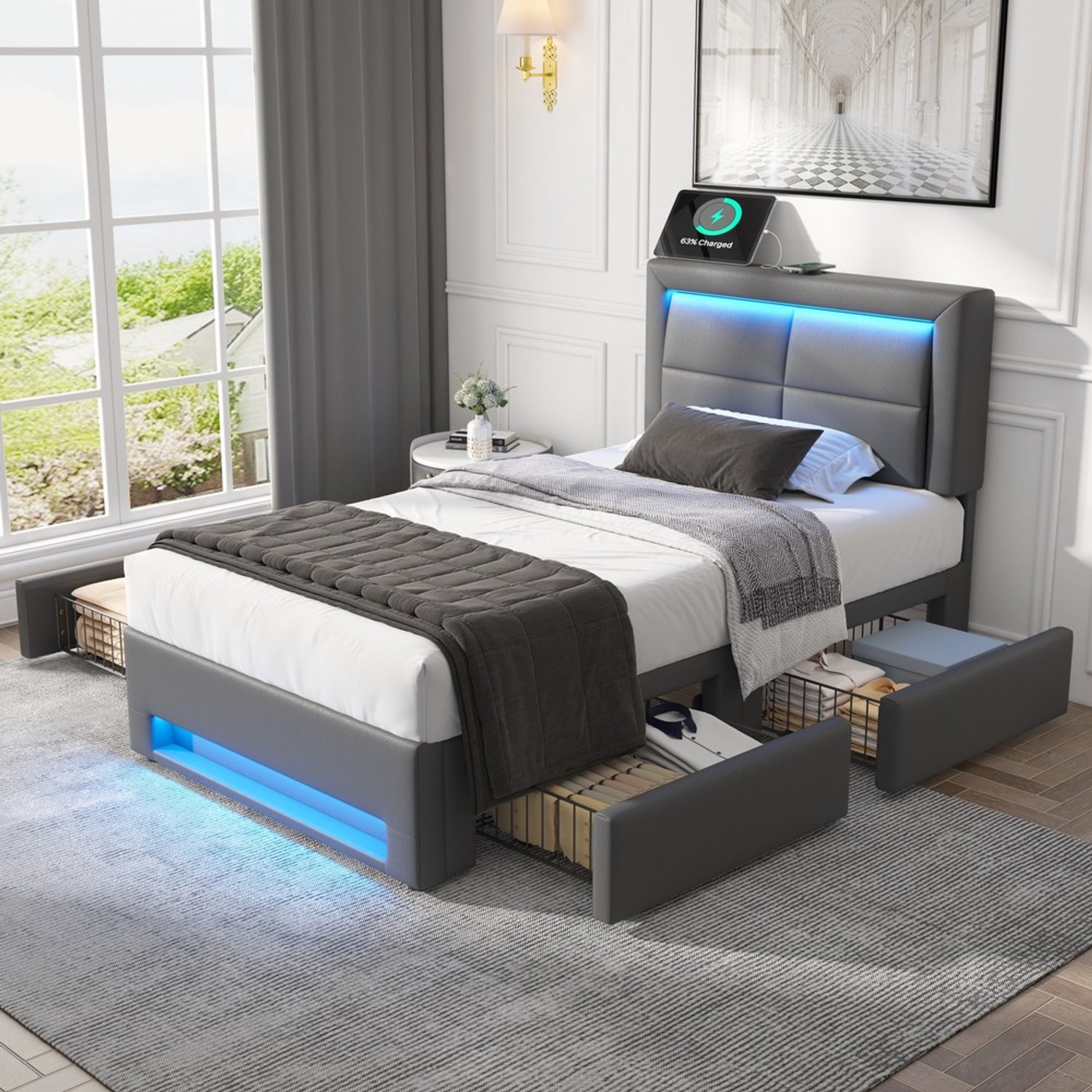KOMHTOM Gestoffeerd bed - 90x200 cm - PU - Grijs - LED-verlichting - USB-aansluiting - Draadloos en bedraad opladen - Opbergruimte - Lade