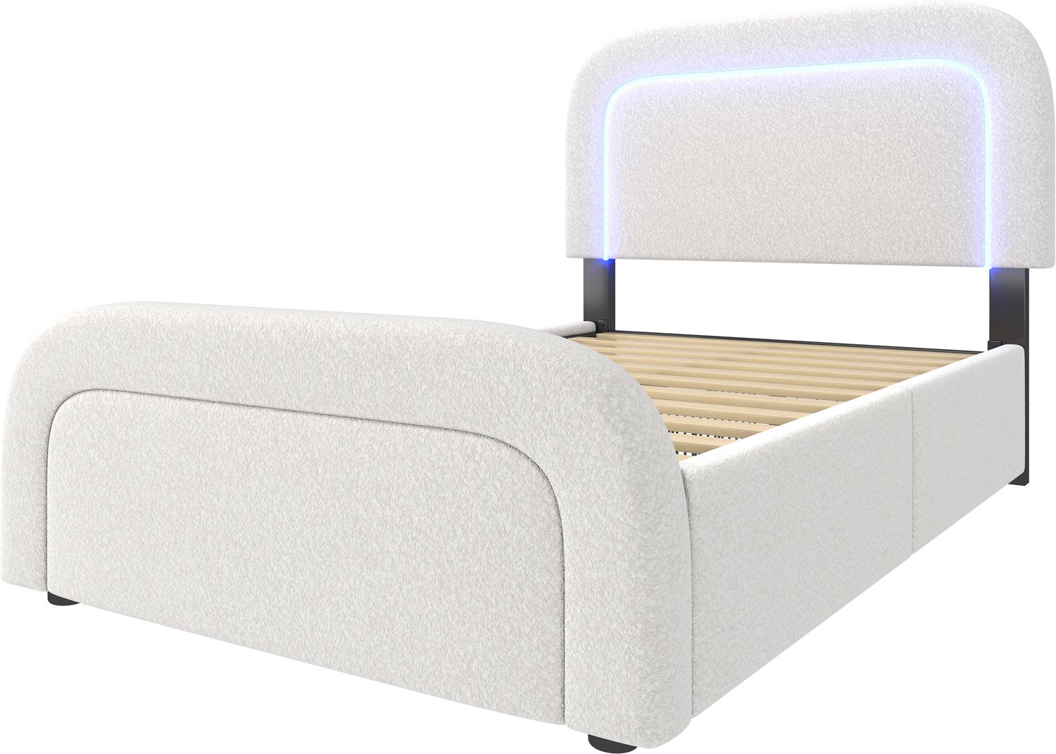 MUVANO Wit gestoffeerd eenpersoonsbed 90x200 - Bedframe met 2 opberglades - USB-C en ledverlichting - Sherpa - Houten lattenbodem - Voor slaapkamer