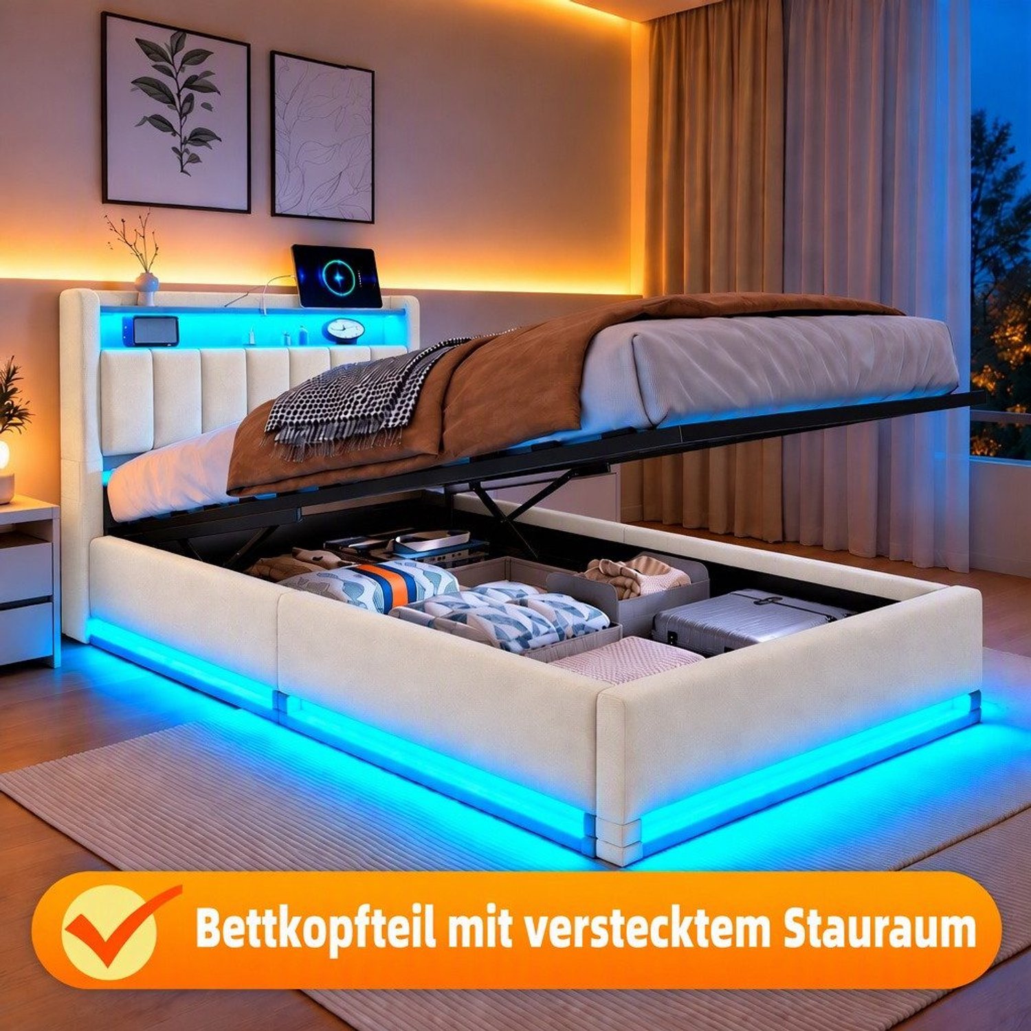 Mofor Gestoffeerd opbergbed 90x200 cm - eenpersoonsbed met RGB LED-verlichting en lattenbodem - hoofdbord met opbergplank en USB-poorten - fluwelen bekleding - beige