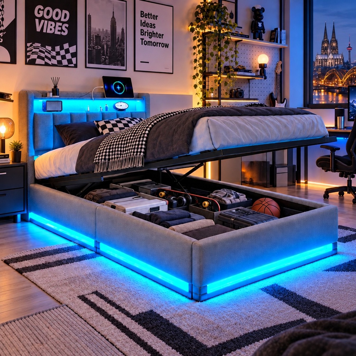 Mofor Gestoffeerd opbergbed 90x200 cm - eenpersoonsbed met RGB LED-verlichting en lattenbodem - hoofdbord met opbergplank en USB-poorten - fluwelen bekleding - grijs