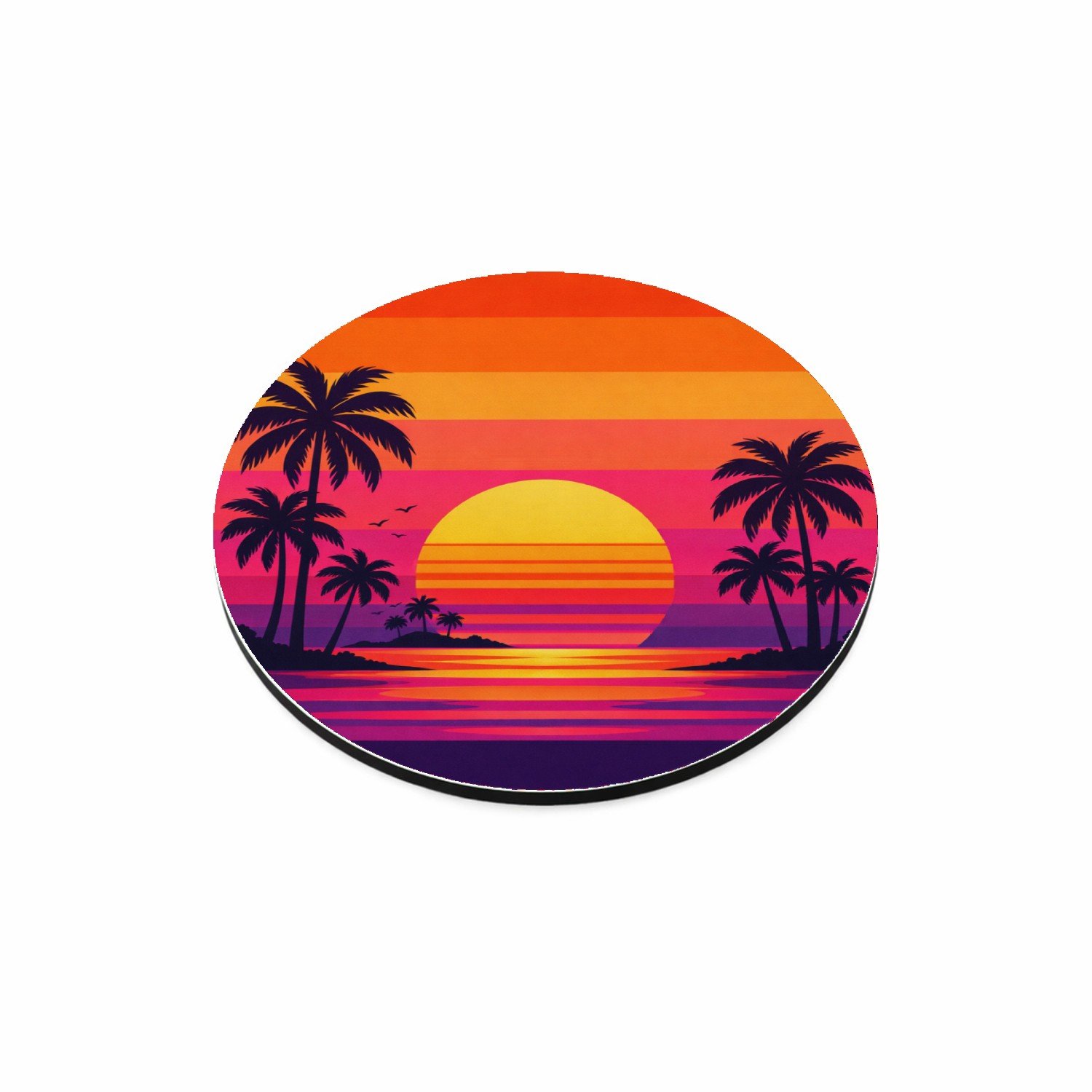 Mr Cadeautjes MDF magnetische fotolijst rond Ø 9,5 - design Retro zonsondergang met palmen | cadeau Wit