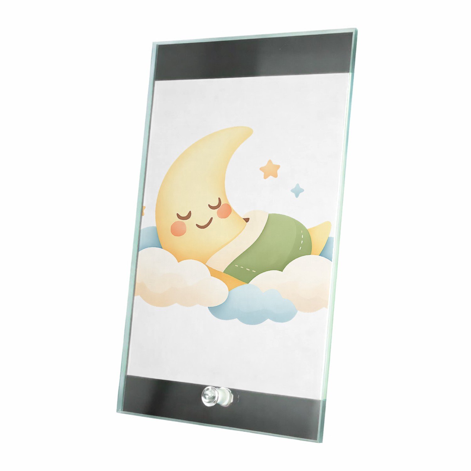 Mr Cadeautjes Glasframe 15 x 23 - design Een zachte babykamer-sfeer met een slapende maan en wolkjes | cadeau Wit