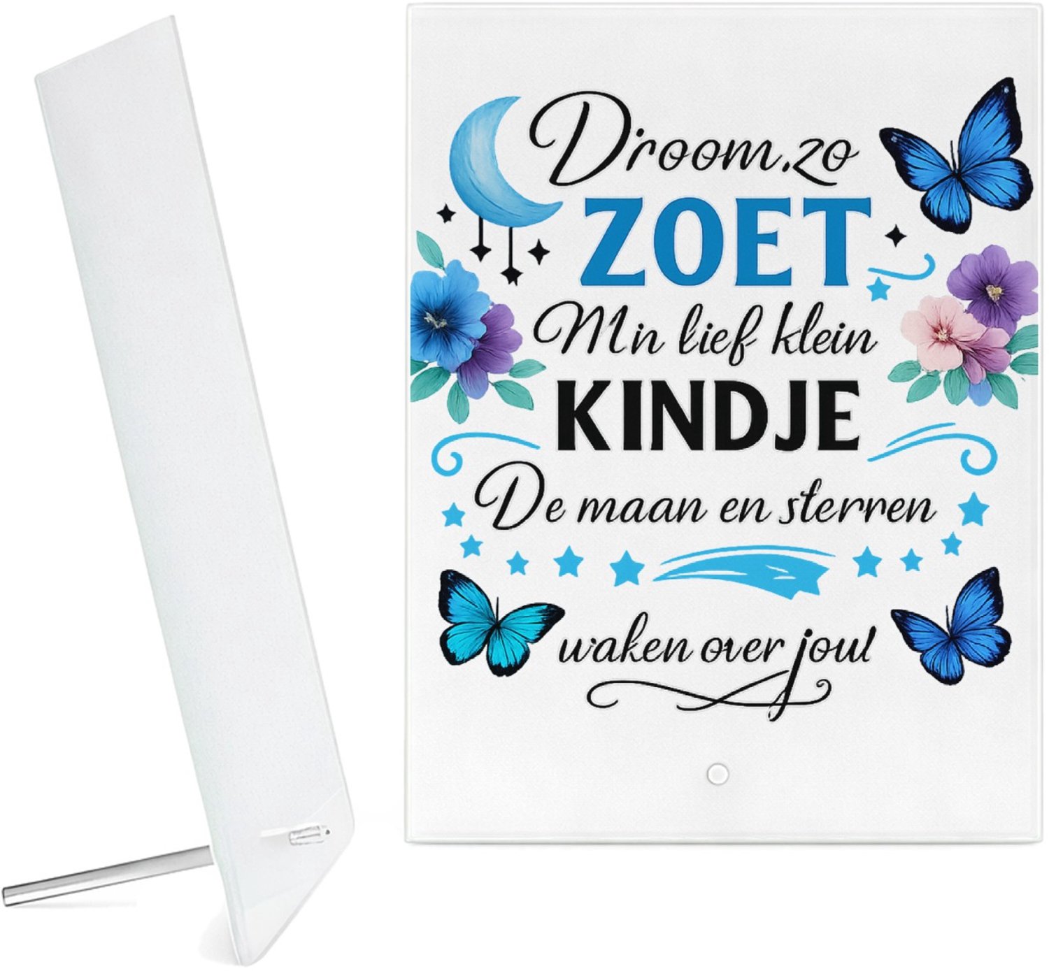 Mr Cadeautjes Glazen fotopaneel Een troostend slaapkamerthema met maan, sterren en een gerus - 15 x 20 cm, staand - glas, decoratie, wanddecoratie | cadeau Wit