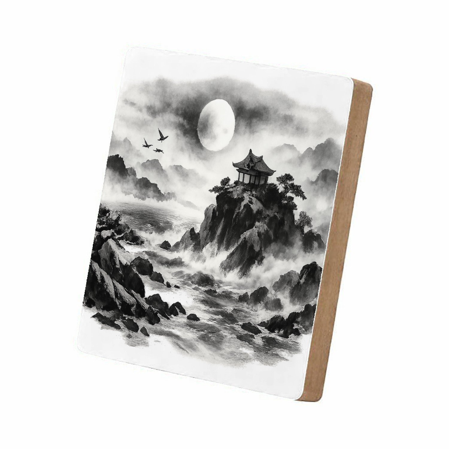 Mr Cadeautjes MDF staande fotolijst 15,2 x 15,2 - design Nachtelijk kustpanorama met rotsen, maan, golven en een klei | cadeau Wit