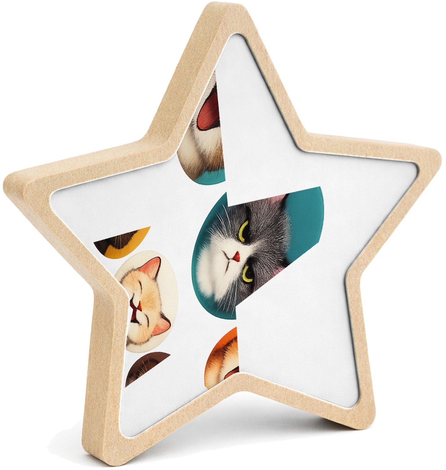 Mr Cadeautjes MDF fotolijst ster 14 x 13,5 - design Set van zes expressieve kattenportretten met verschillende s | cadeau Wit