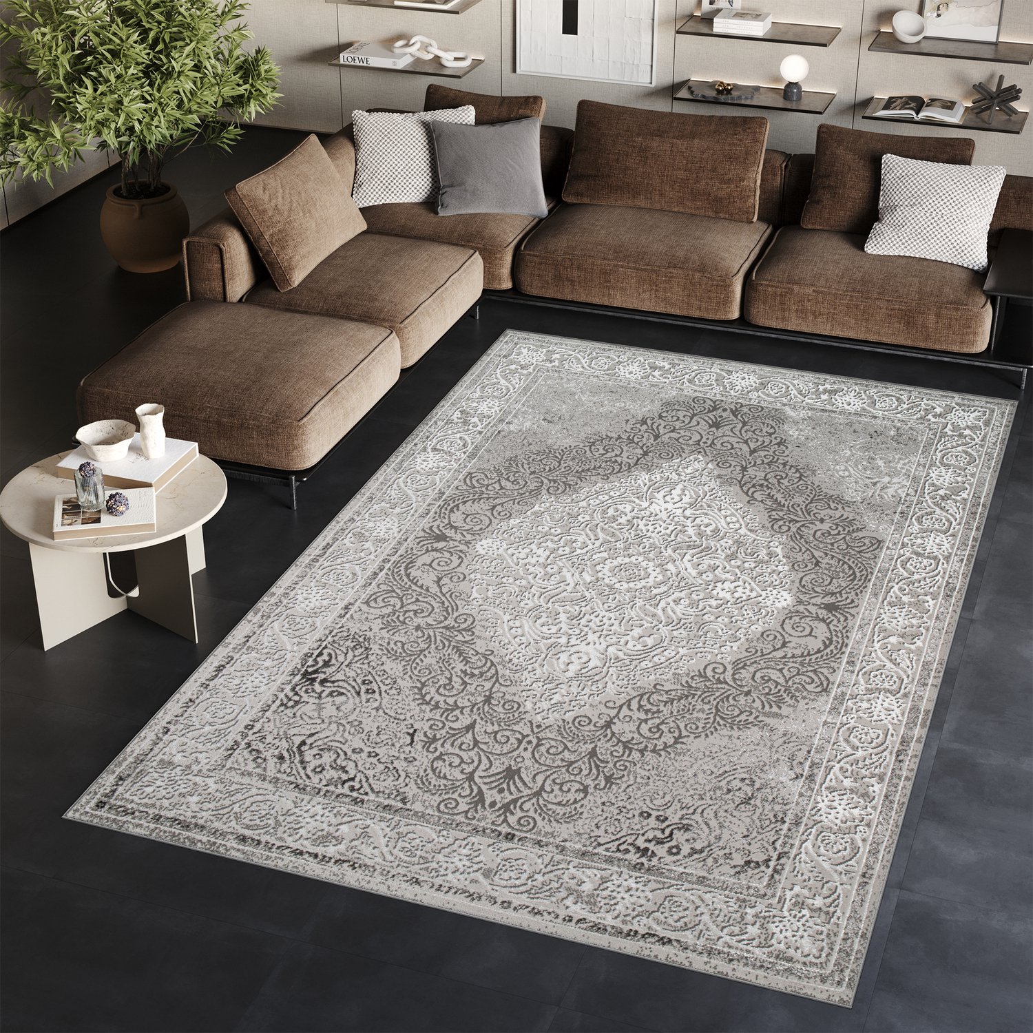 Tapiso Ares Vloerkleed Grijs Laagpolig Oriental Woonkamer Frame Tapijt Maat- 120x170 Lichtgrijs