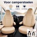 Beige 2-delige set camperstoelhoezen met een luxe uitstraling, inclusief compatibiliteitsinformatie.