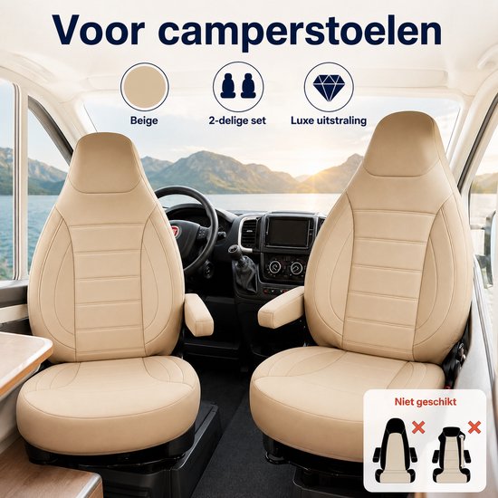 Beige 2-delige set camperstoelhoezen met een luxe uitstraling, inclusief compatibiliteitsinformatie.