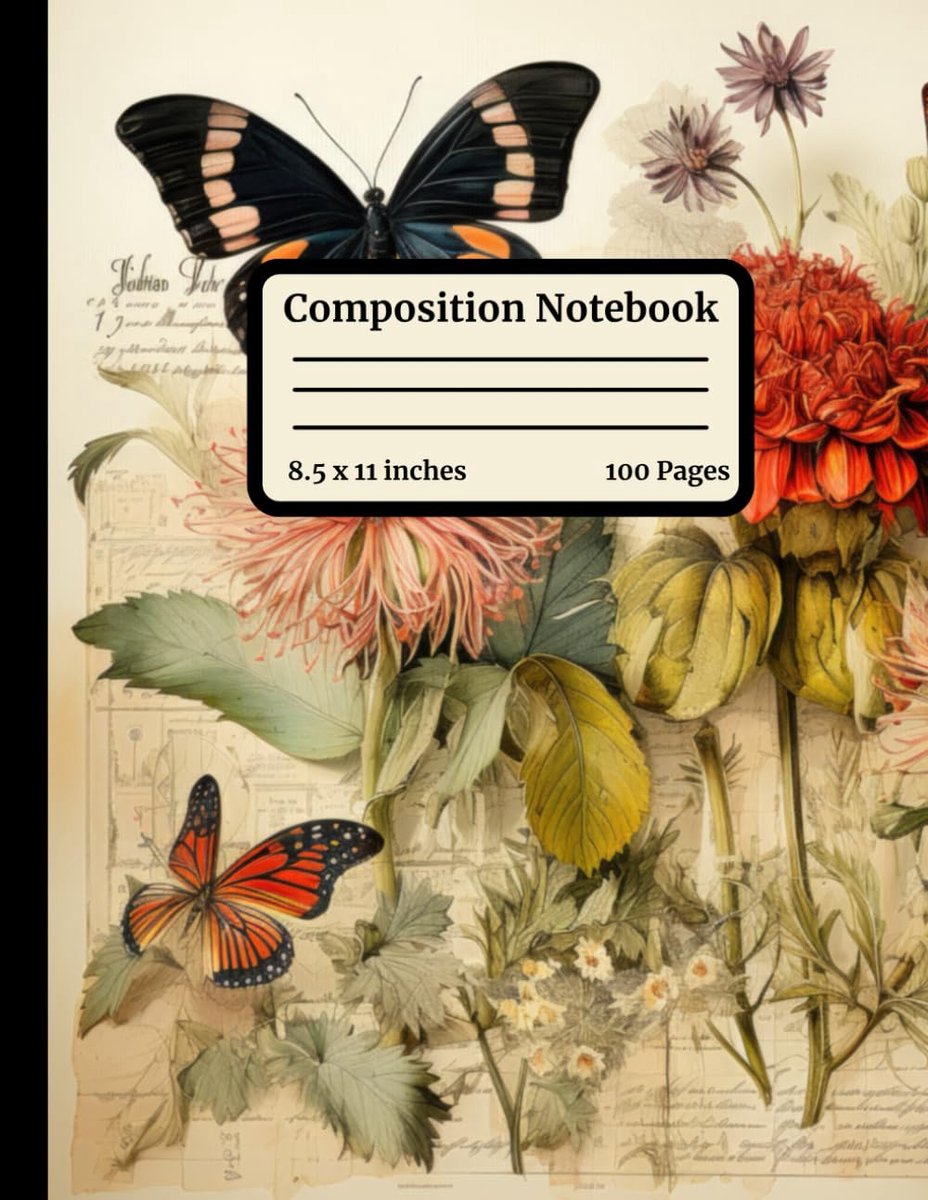 Composition Notebook College Ruled- Vintage Floral Butterfly Illustration: Aesthetic Journal for Writing or Note - ShopVlot