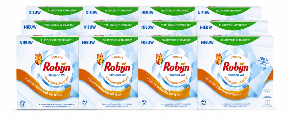 12 x Robijn Classics - Stralend Wit - Wasmiddeldoekjes - 16 Wasstrips - Voordeelverpakking - 12 stuks