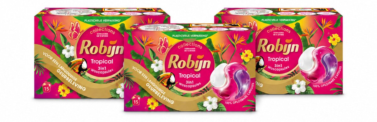 3 x Robijn - 3-in-1 Tropical - Wascapsules - 15 Wasbeurten - Voordeelverpakking - 3 stuks
