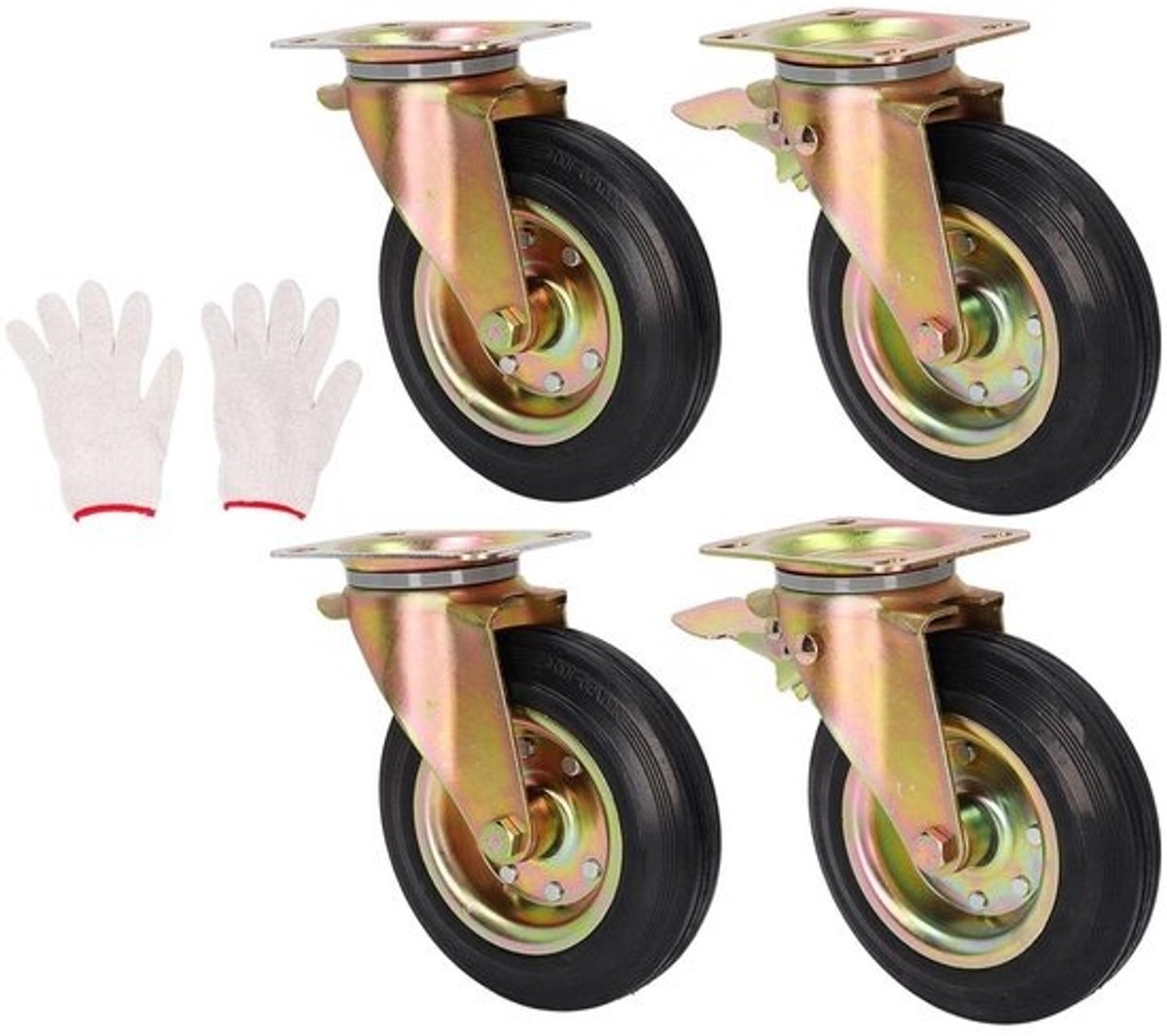 Set zwenkwielen - Industriële wielen - Voor het verplaatsen van zwaar materieel - Met dubbele vergrendeling - 8 inch - Zwart