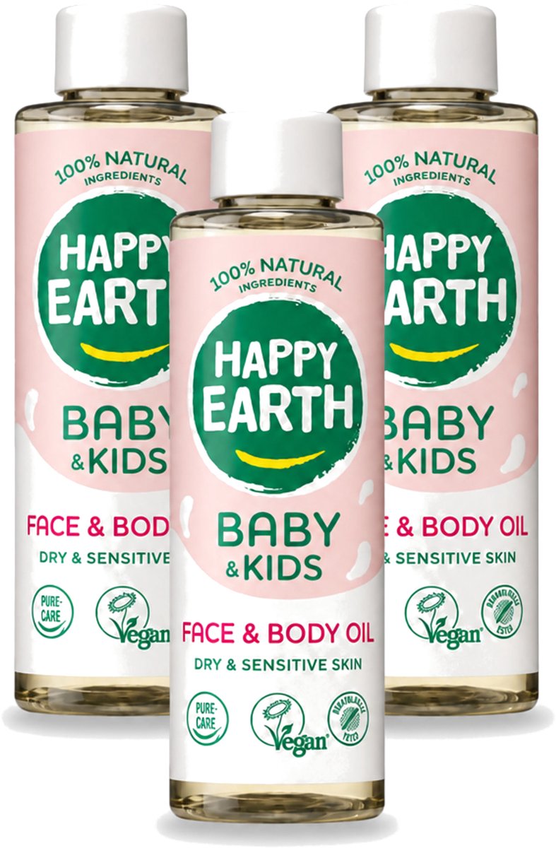 3 x Happy Earth – Face & Body Oil – 100% Natuurlijk Baby & Kids – 150 ml - Voordeelverpakking - 3 stuks