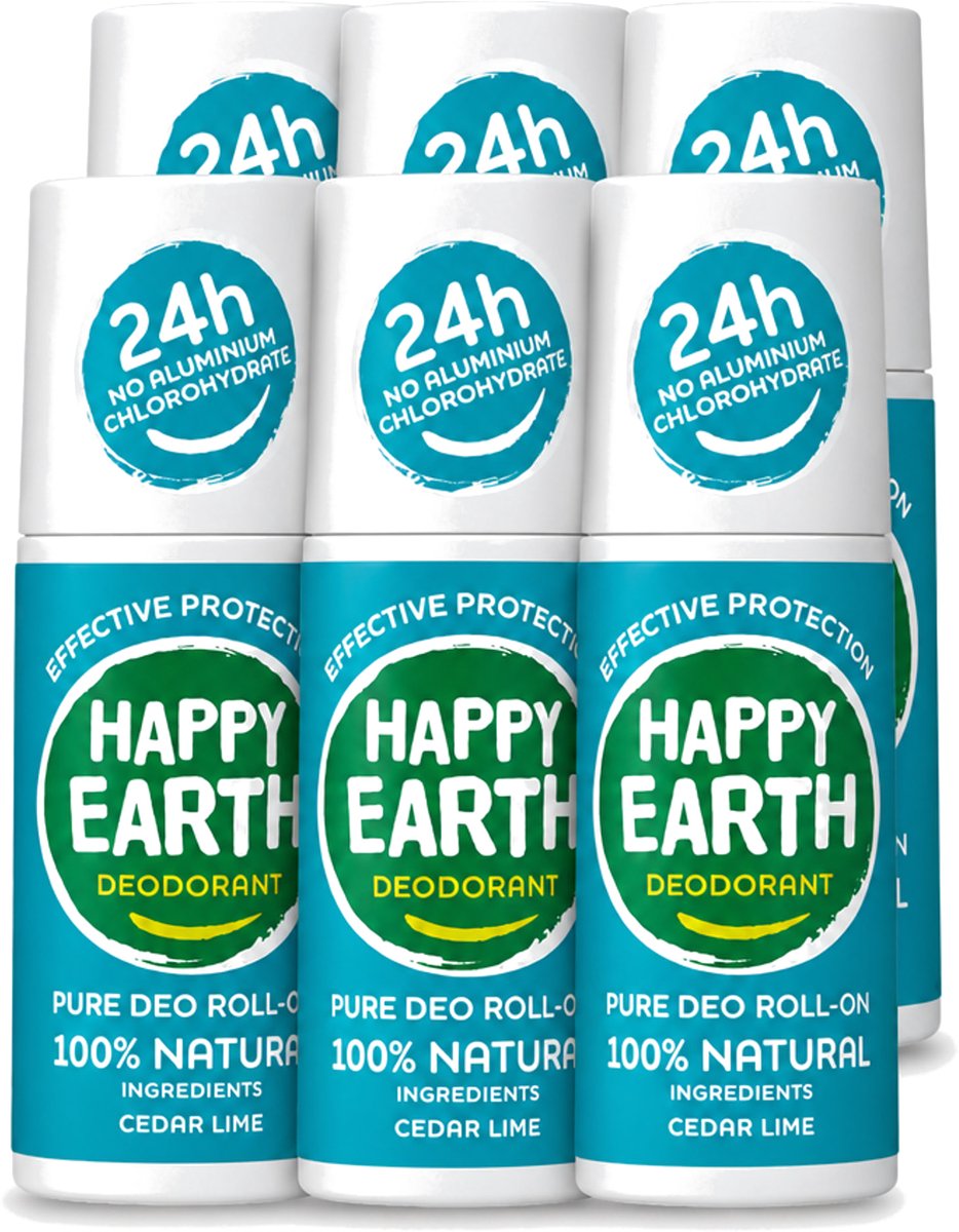 6 x Happy Earth – Deodorant Roll-On – 100% Natuurlijk Cedar Lime – 75 ml - Voordeelverpakking - 6 stuks