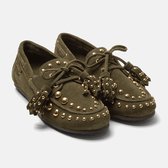 Lazamani Stella Mocassins Dames - Suède Instappers met Franjes en Goudkleurige Studs - Groen