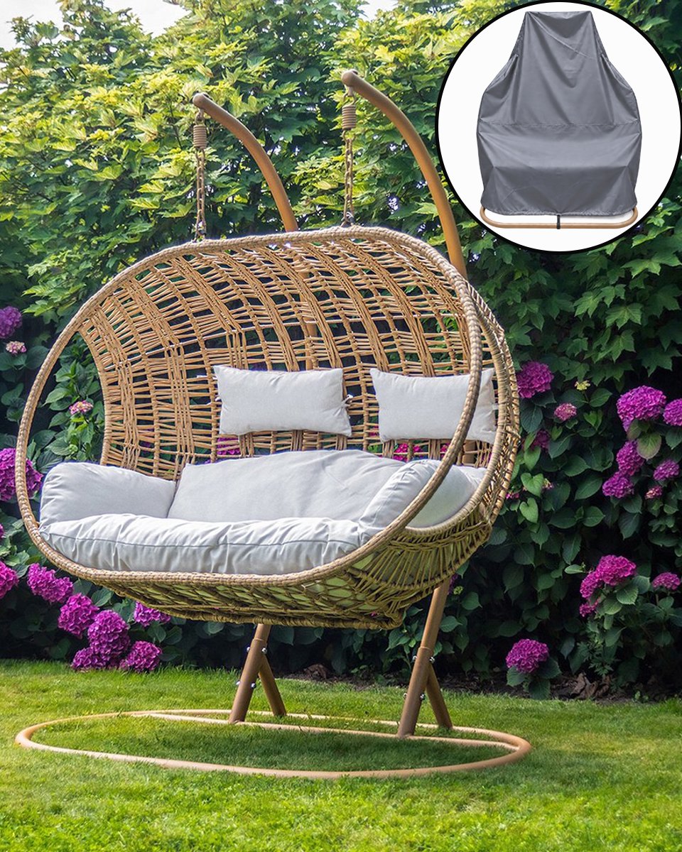 Ogarden Luxe Dubbele Hangstoel Istanbul met Weerhoes - Bruin frame - 2 Persoons Egg Chair - Extra Dik Kussen - voor binnen en buiten