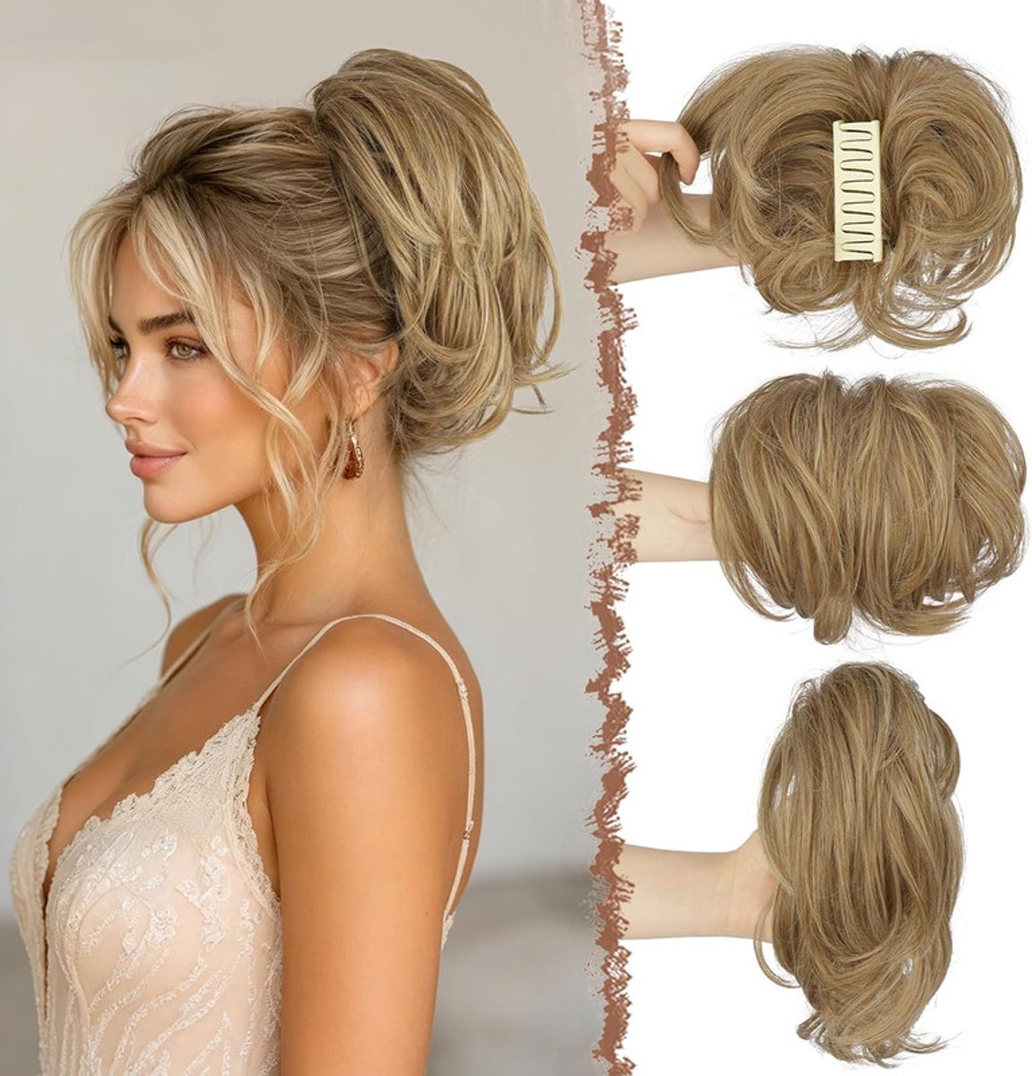 Paardenstaart Extensie Met Claw Clip - Kort Model - 4 Buigbare Metalen Draden - Synthetisch Haar - Lichtbruin & Gemengd Blond